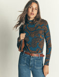 High Neck Jersey Top-Midnight Blue, Paisley Bouquet