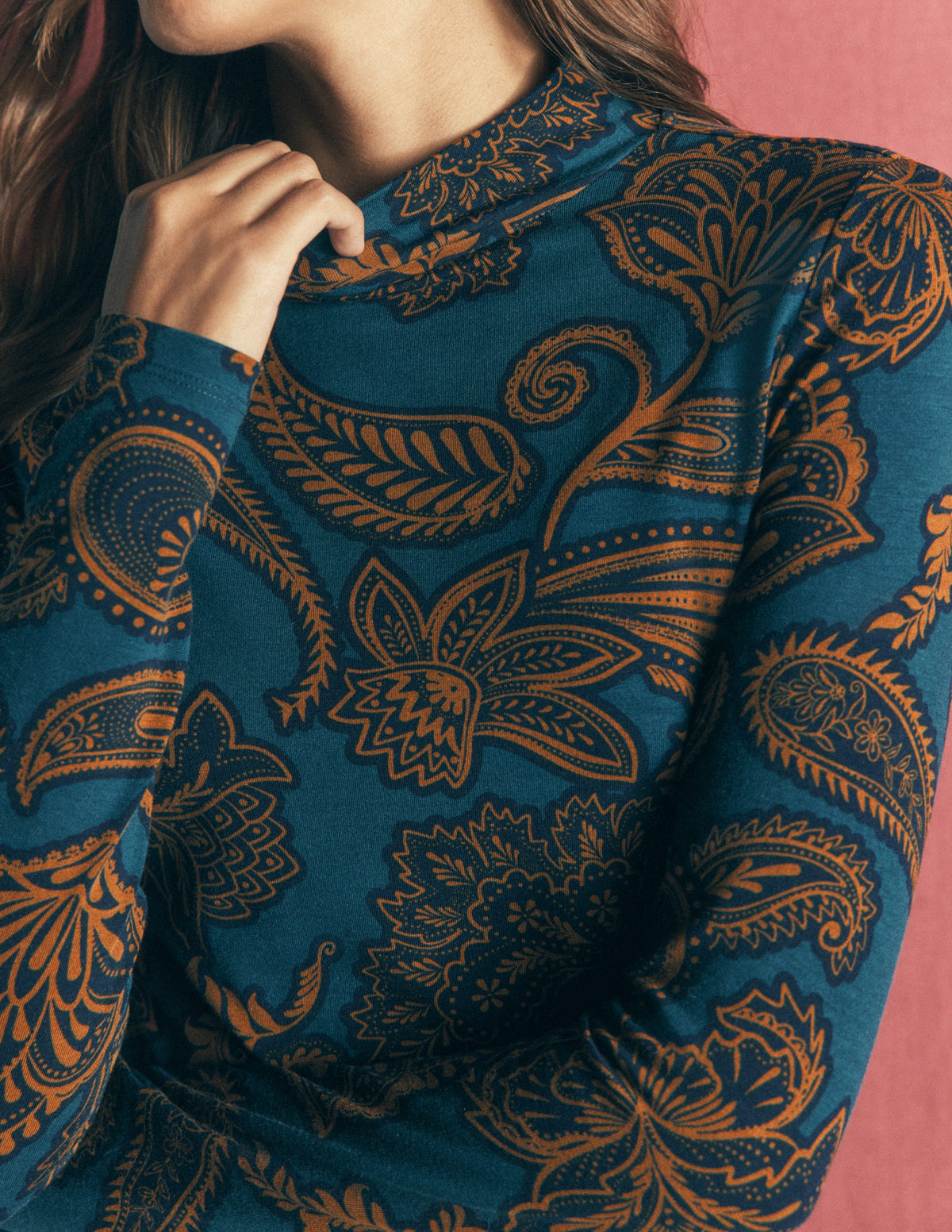 High Neck Jersey Top-Midnight Blue, Paisley Bouquet - Image 2