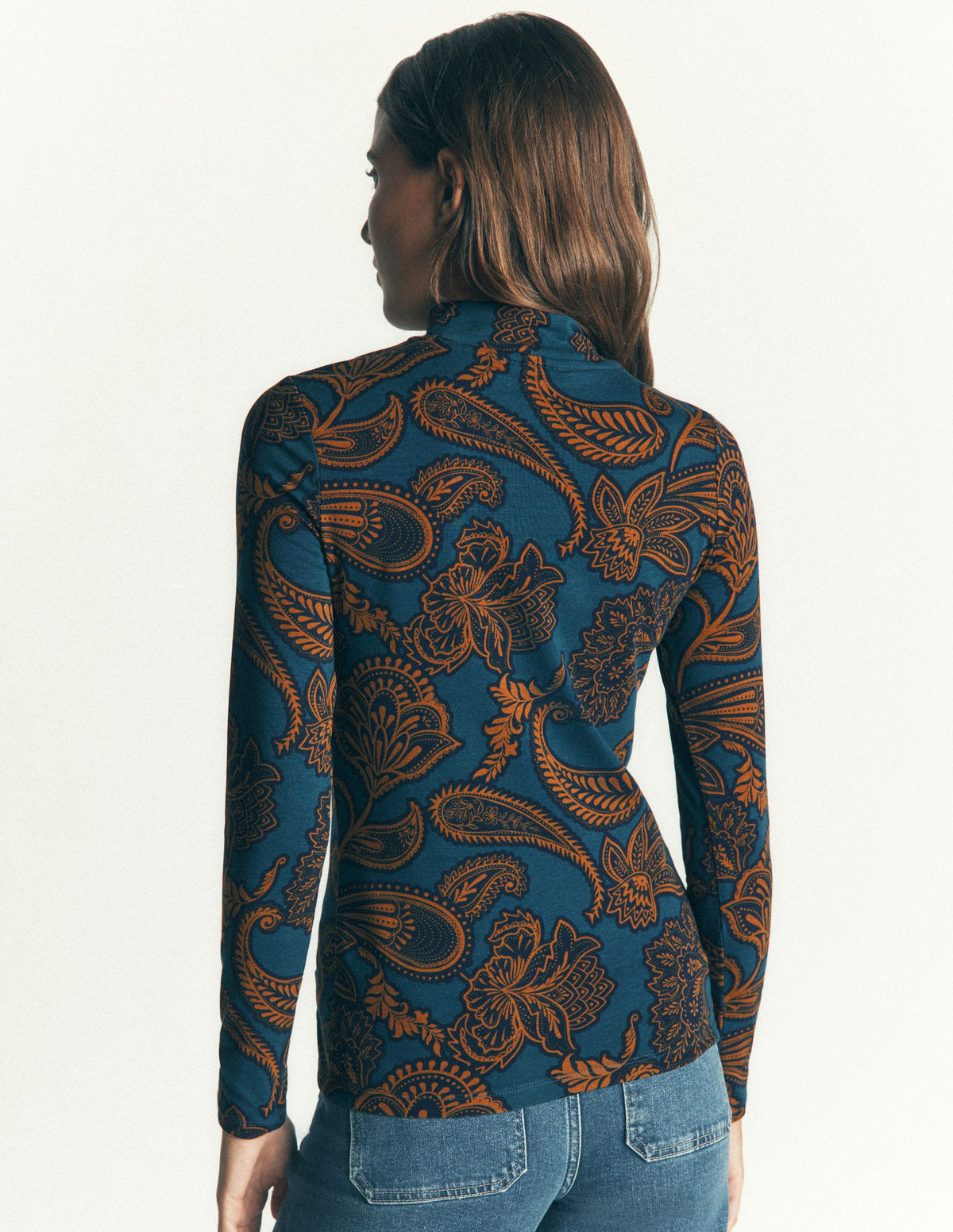 High Neck Jersey Top-Legion Blue, Paisley Bouquet-3