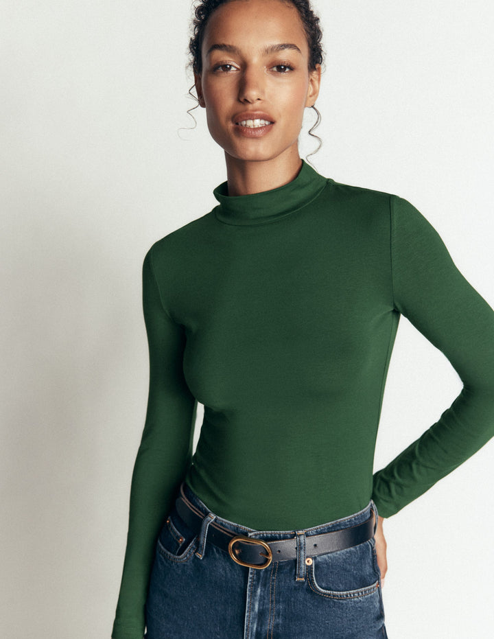 High Neck Jersey Top-Dark Green
