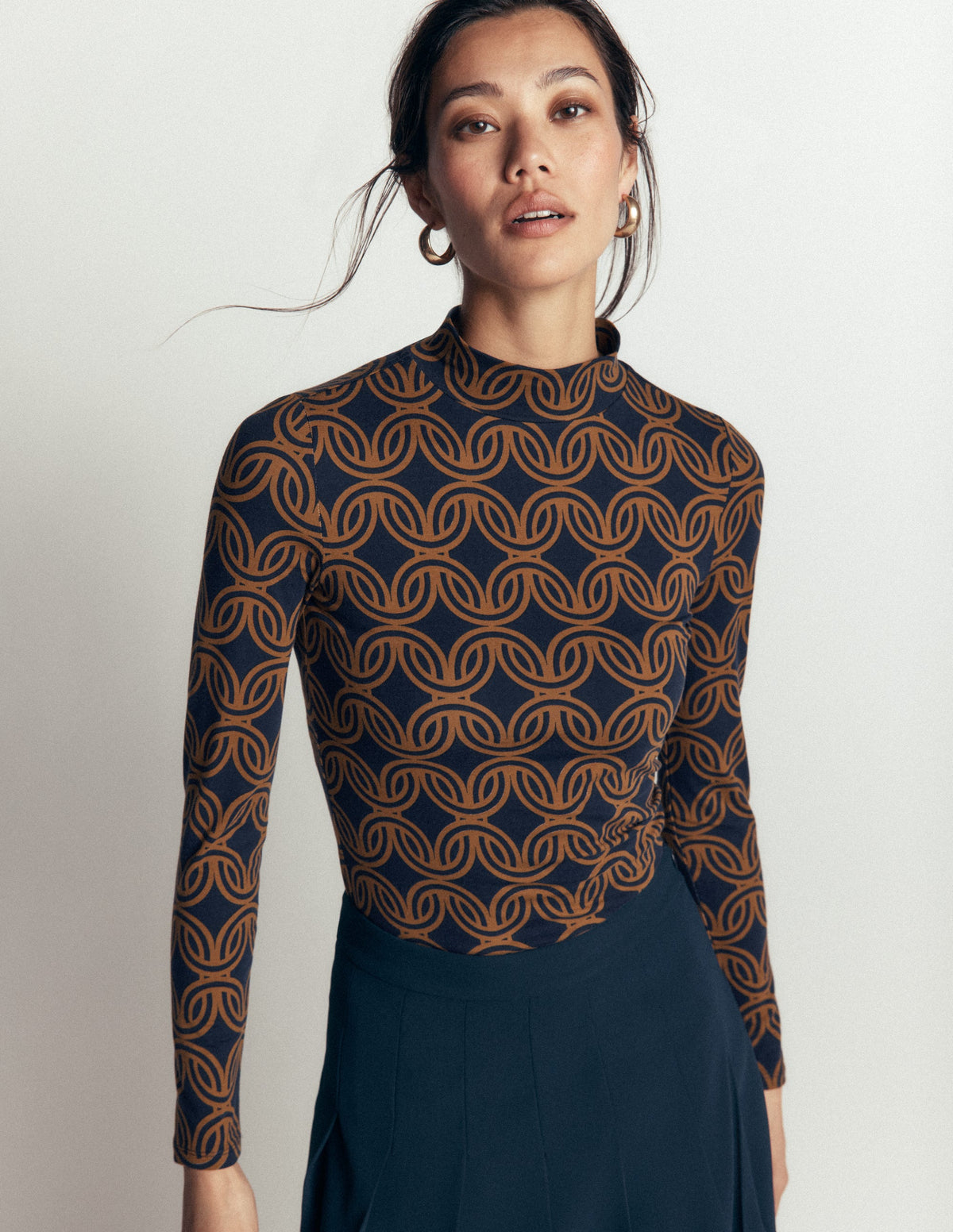 High Neck Jersey Top-French Navy, Geo Parade Mono - Image 1