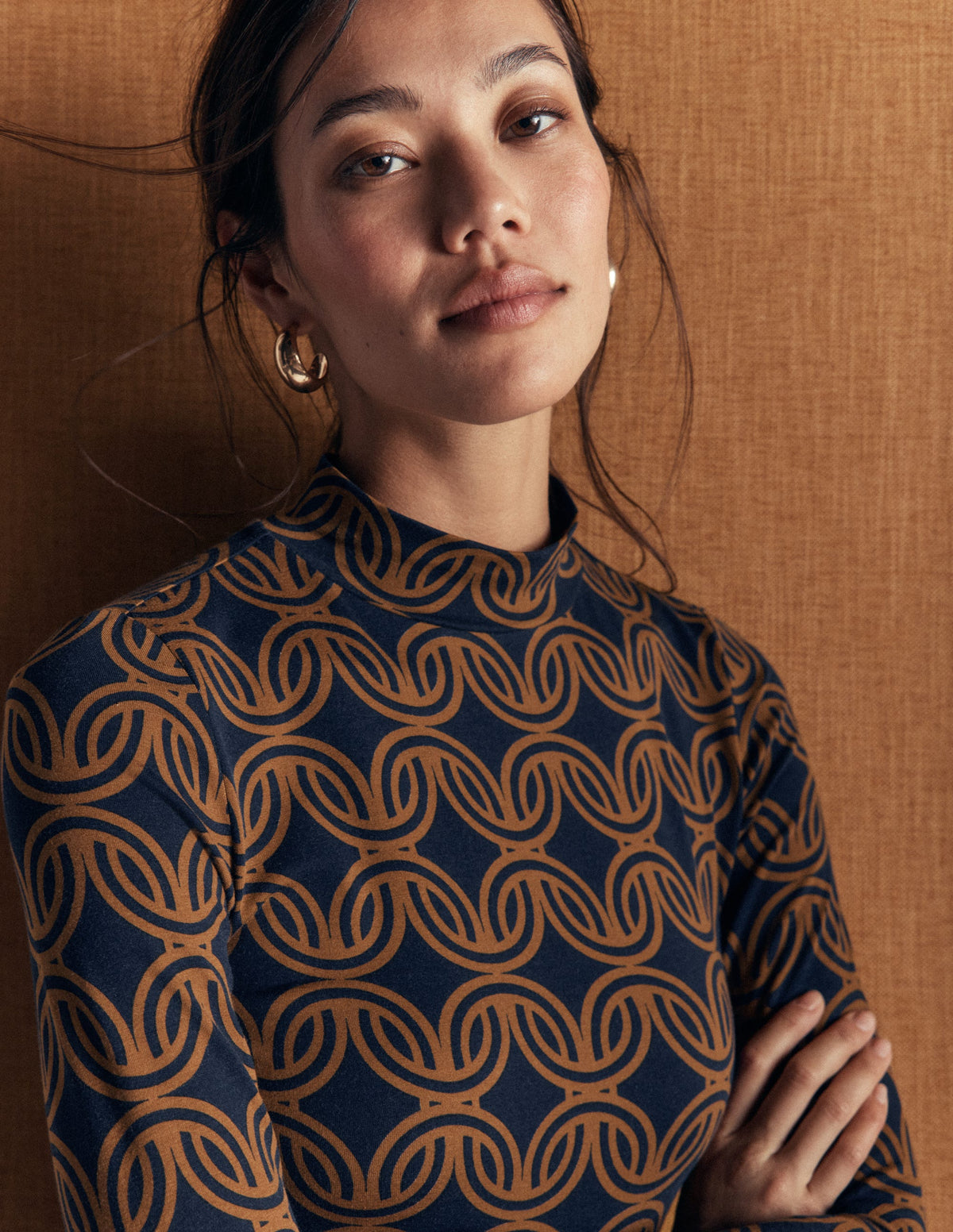 High Neck Jersey Top-French Navy, Geo Parade Mono - Image 2