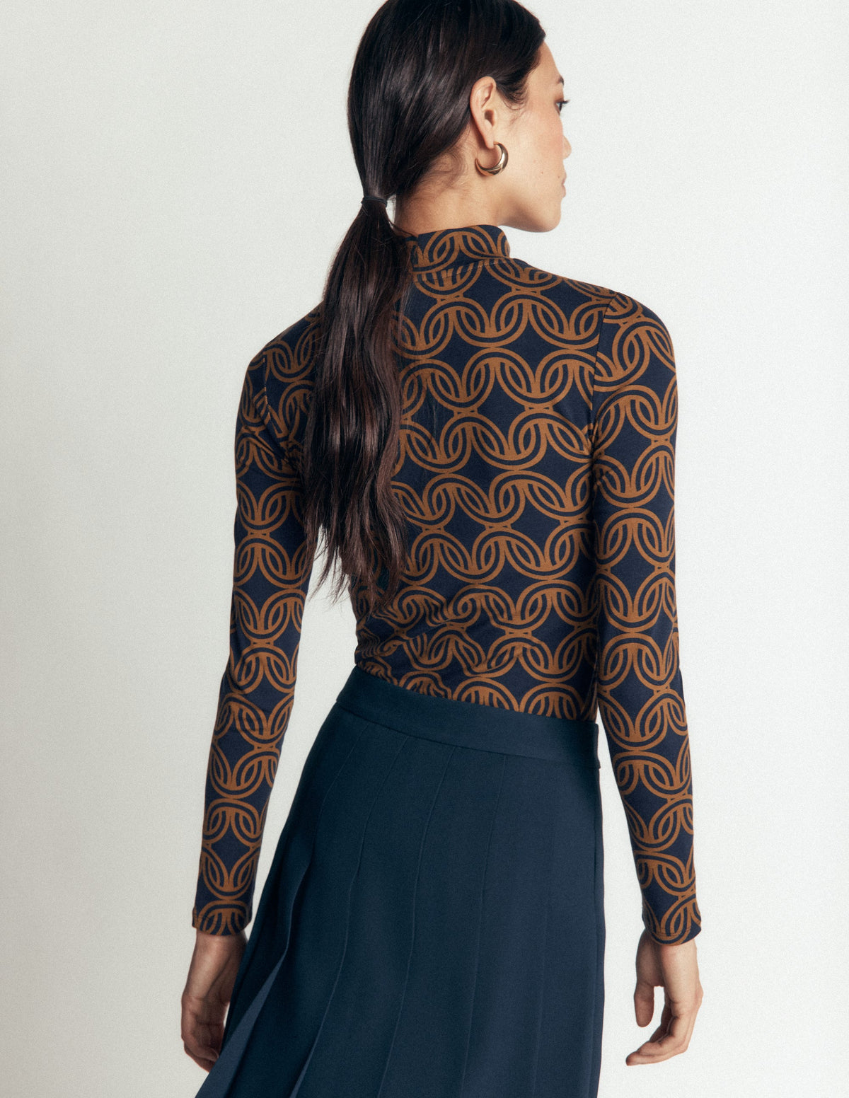 High Neck Jersey Top-French Navy, Geo Parade Mono - Image 3