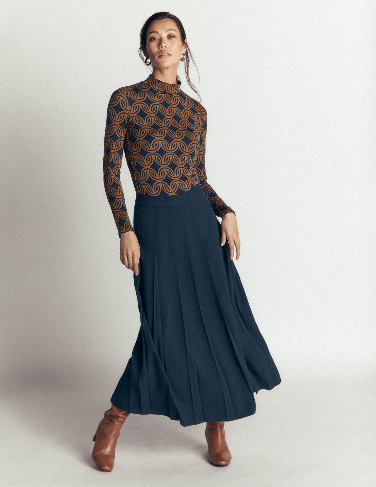 High Neck Jersey Top-French Navy, Geo Parade Mono - Image 4