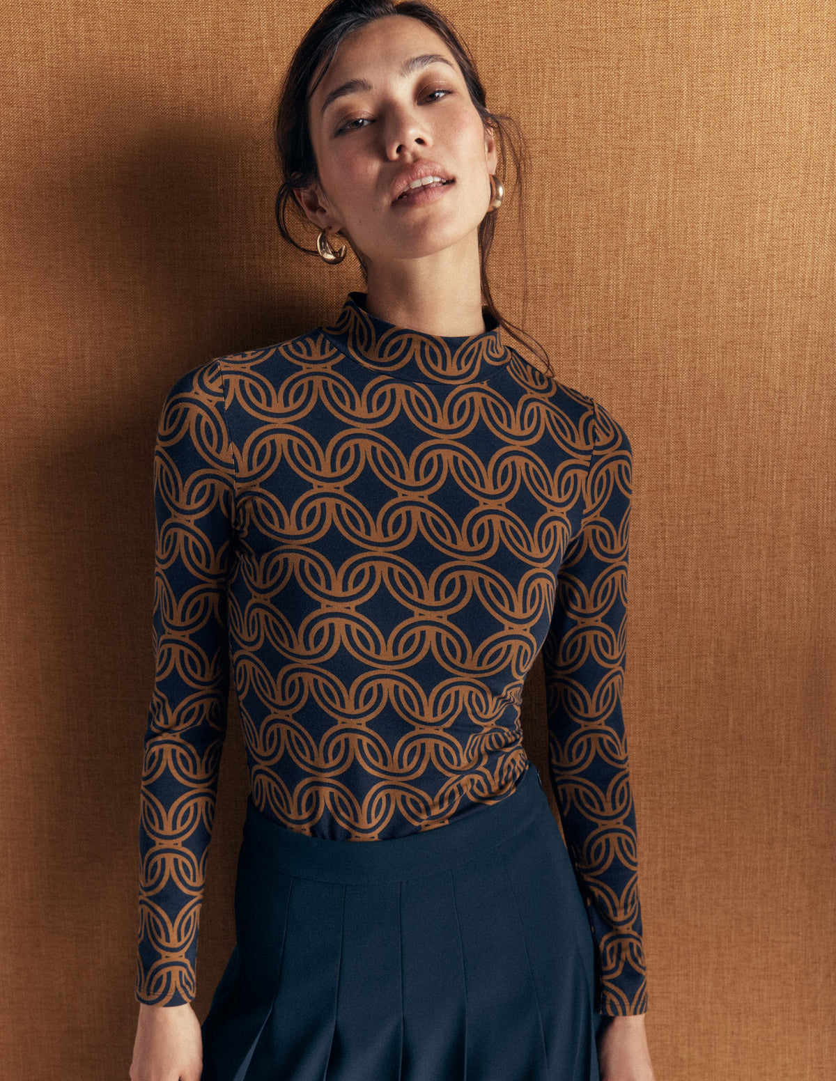 High Neck Jersey Top-French Navy, Geo Parade Mono - Image 5