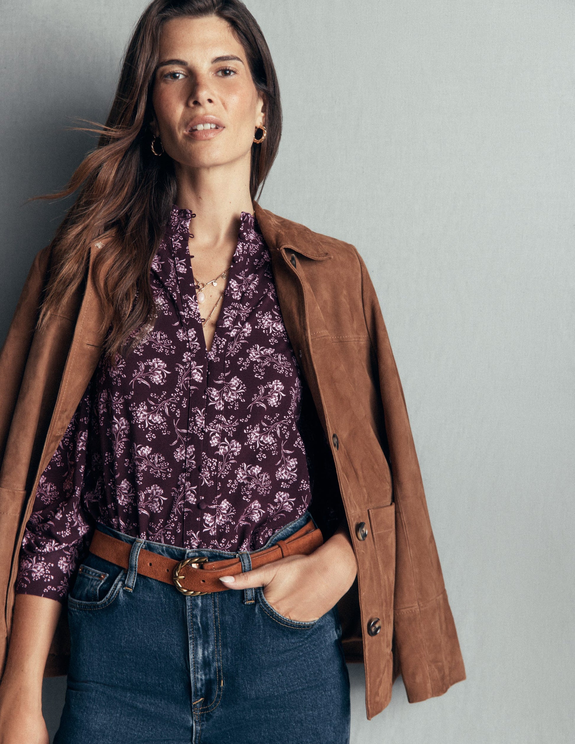 Deep Cuff Half Placket Blouse-Fudge, Enchanted Sprigs-2