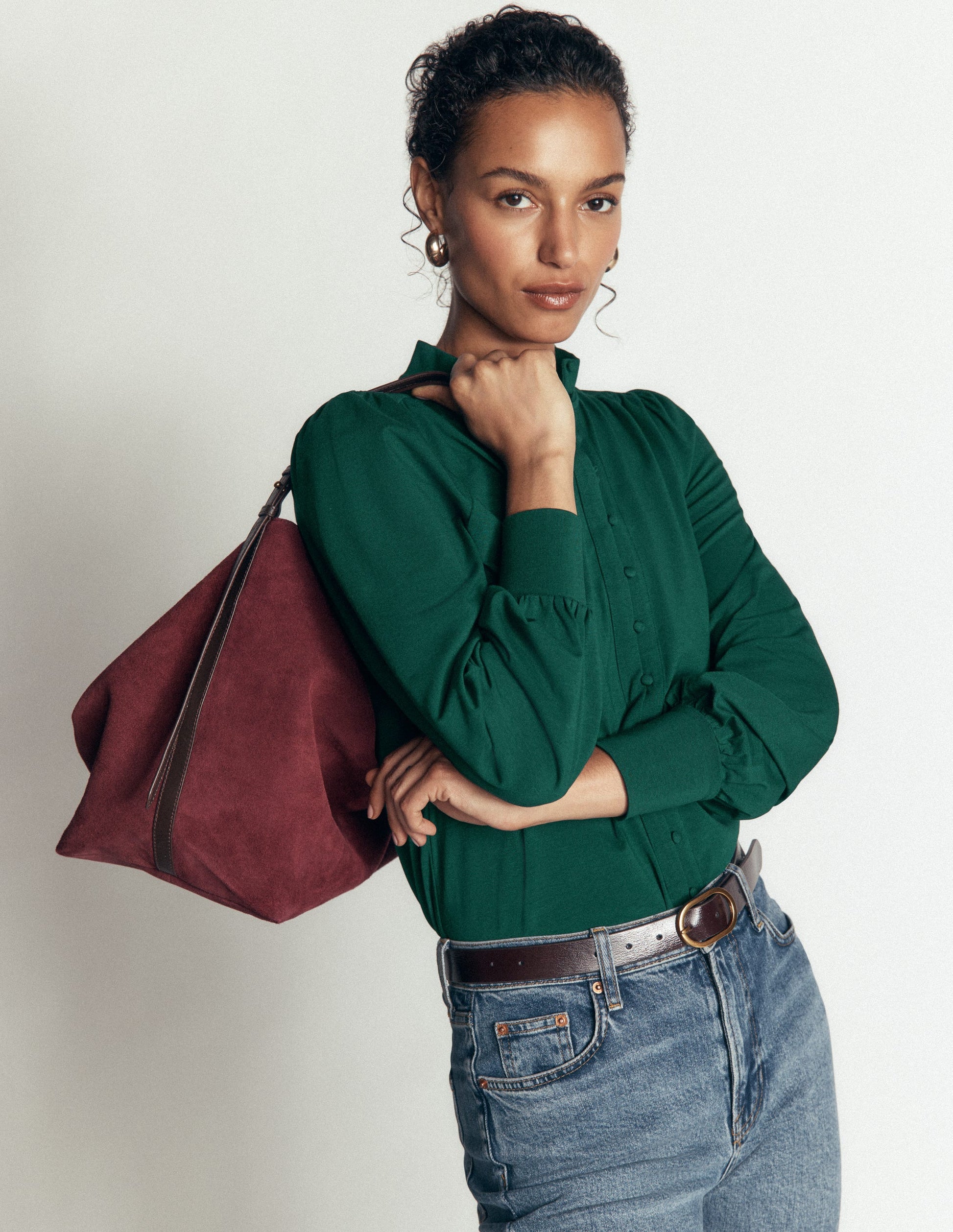 Deep Cuff Half Placket Blouse-Emerald Night-1