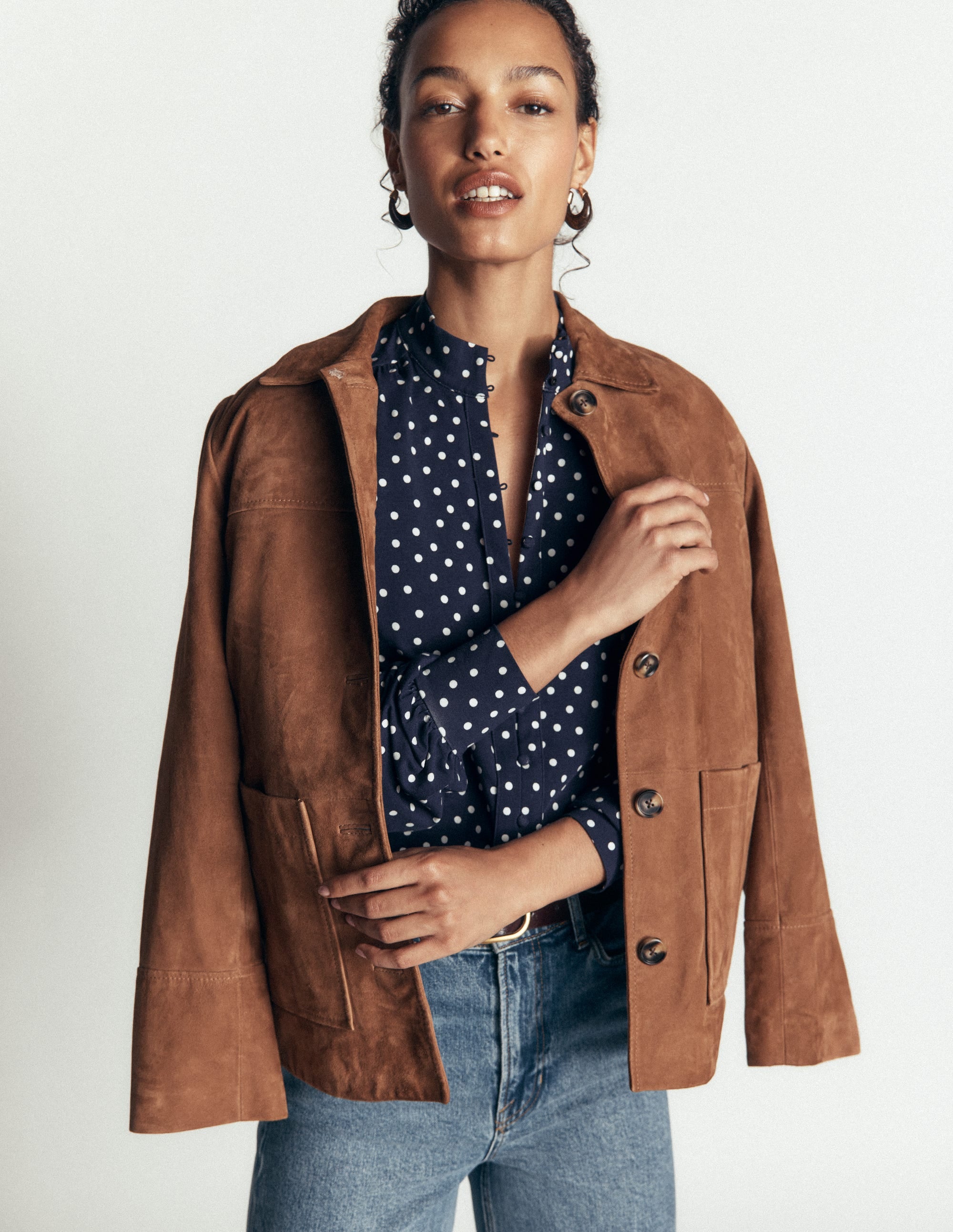 Deep Cuff Half Placket Blouse-Navy Spot - Image 1
