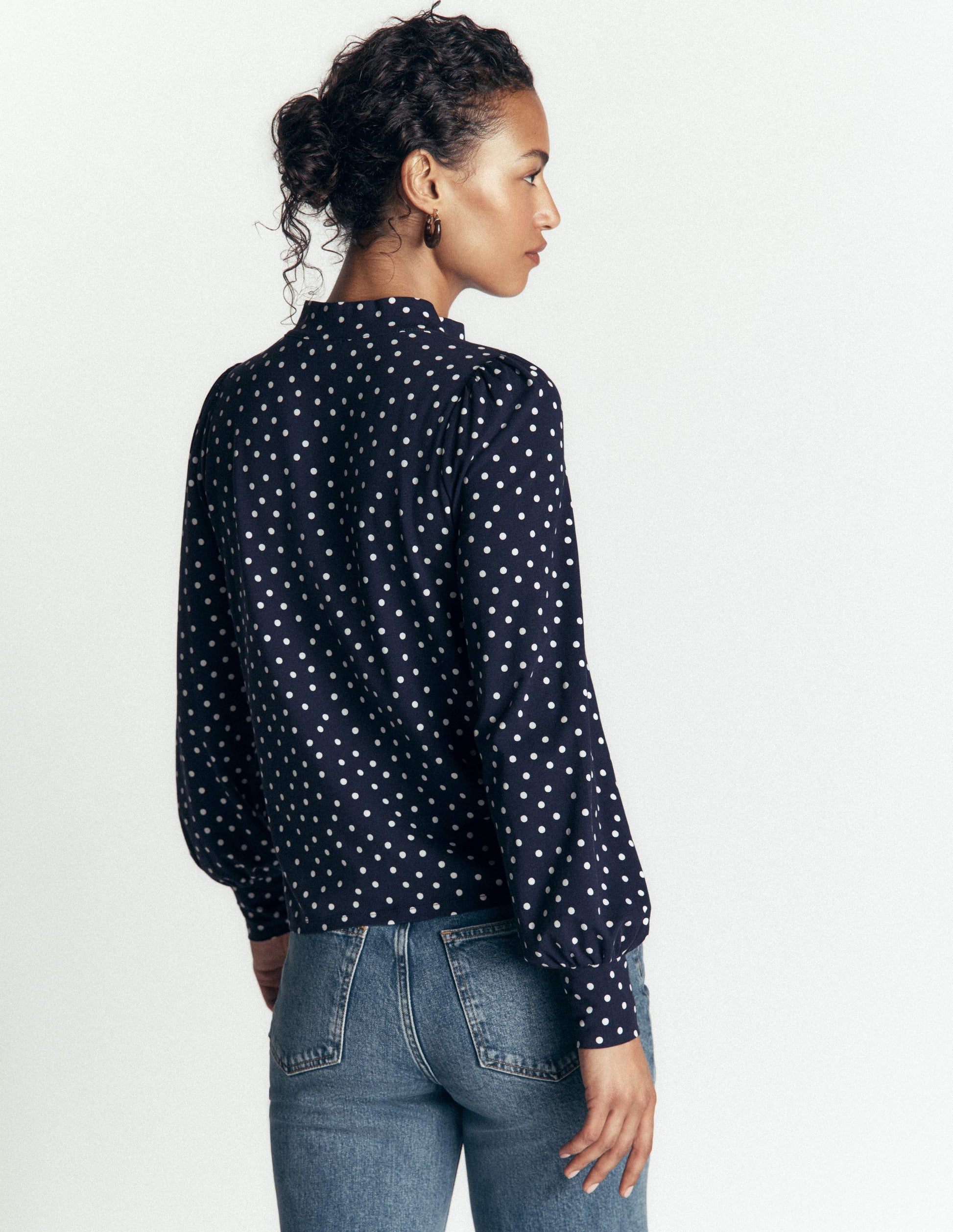 Deep Cuff Half Placket Blouse-Navy Spot-3
