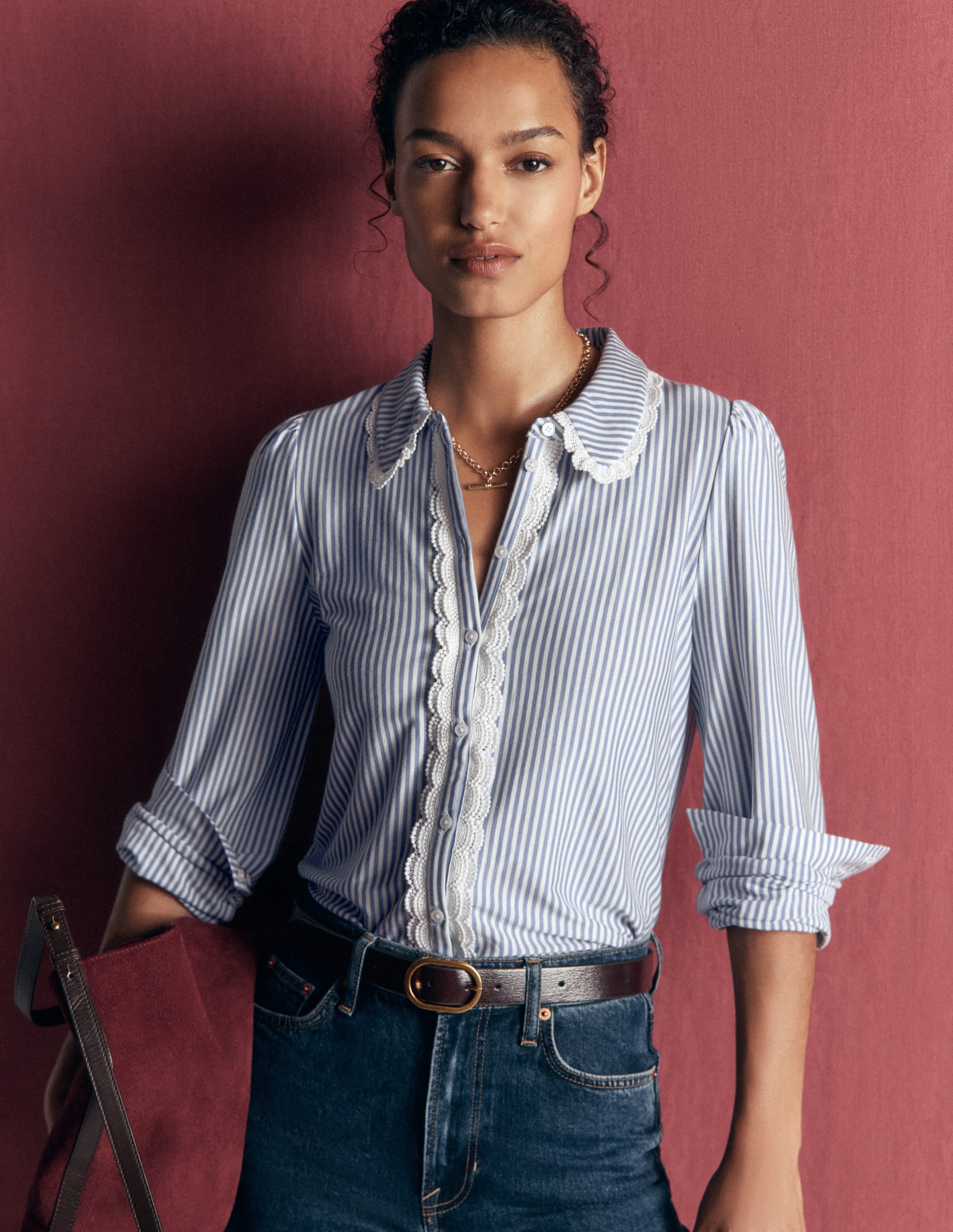 Lace Frill Blouse-Faded Denim and Ivory Stripe - Image 1