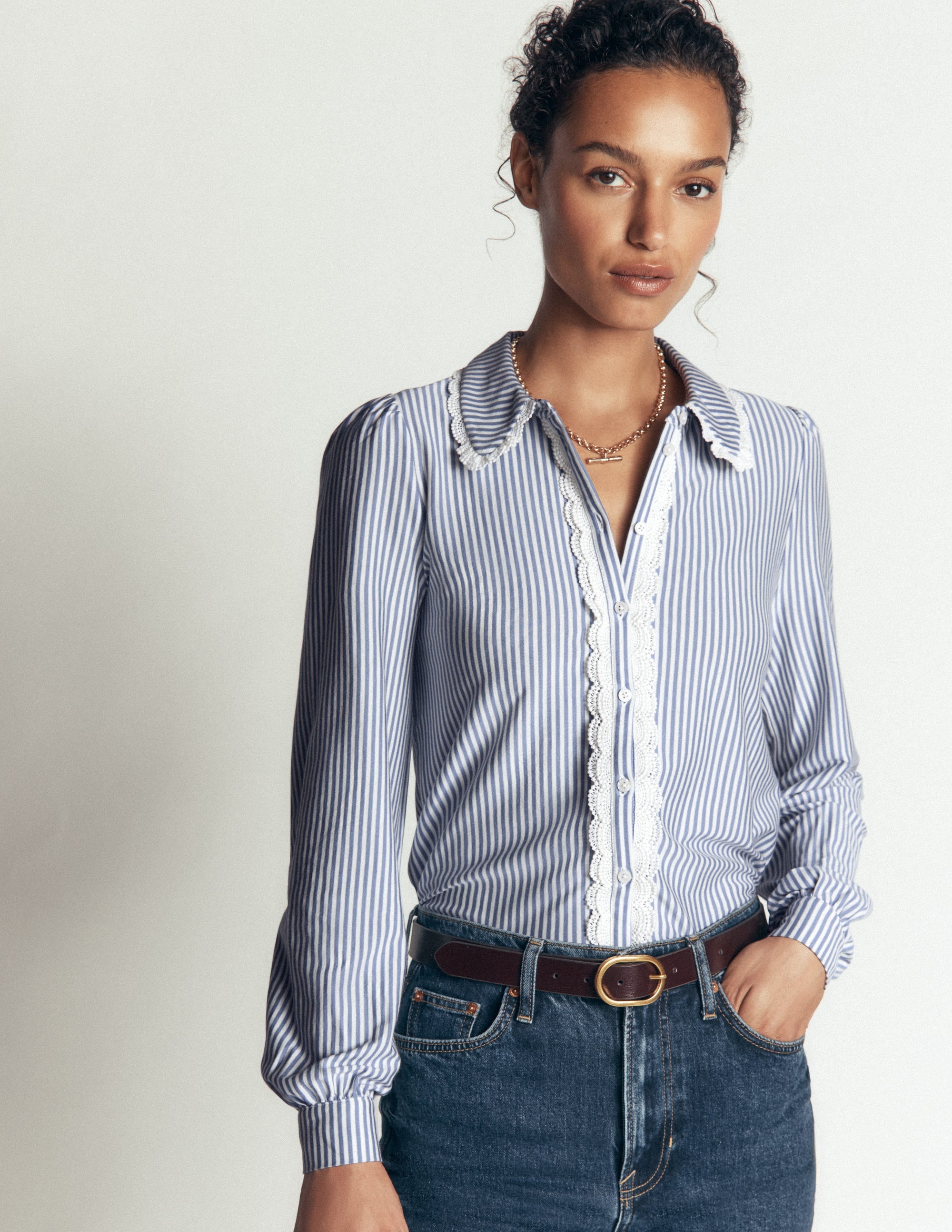 Lace Frill Blouse-Faded Denim and Ivory Stripe - Image 4