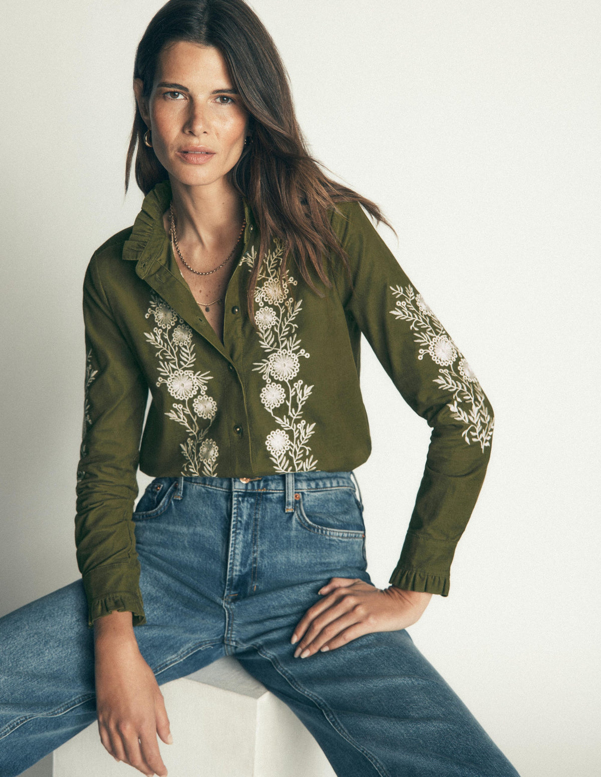 Sienna Frill Cord Shirt-Woodland Green, Embroidered-1