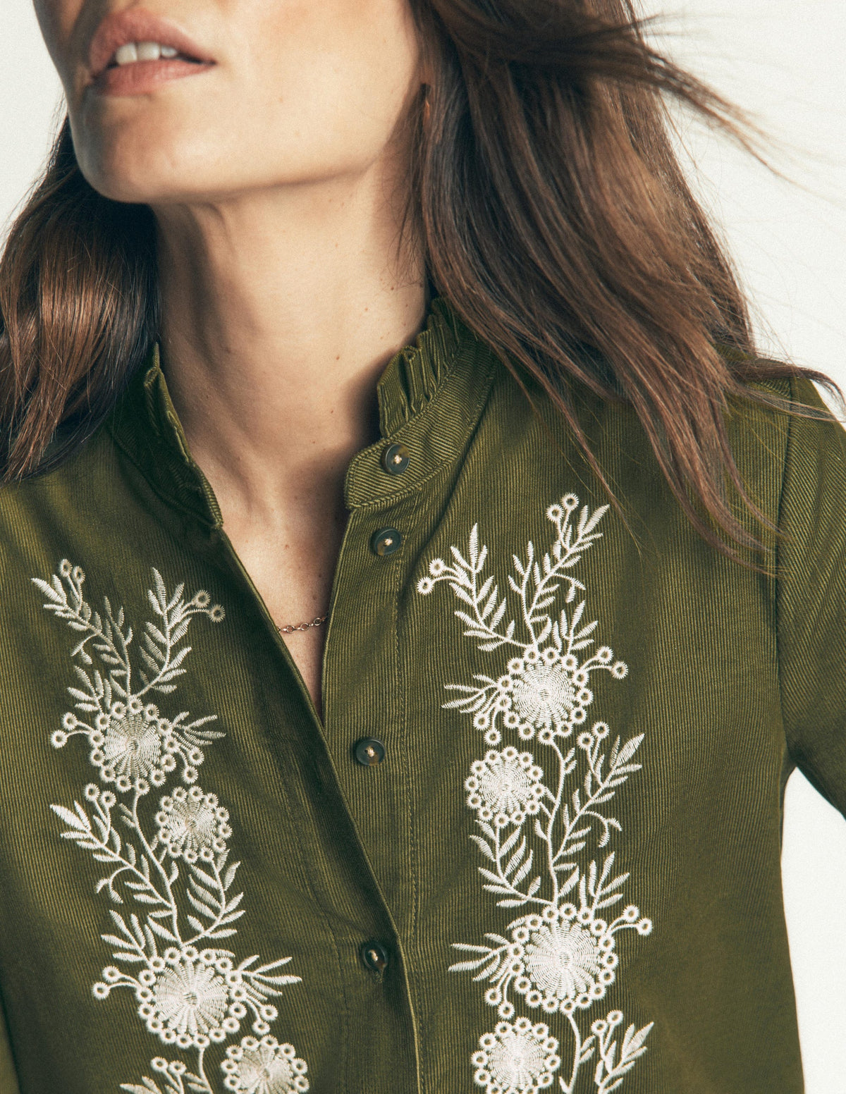 Sienna Frill Cord Shirt-Woodland Green, Embroidered-2