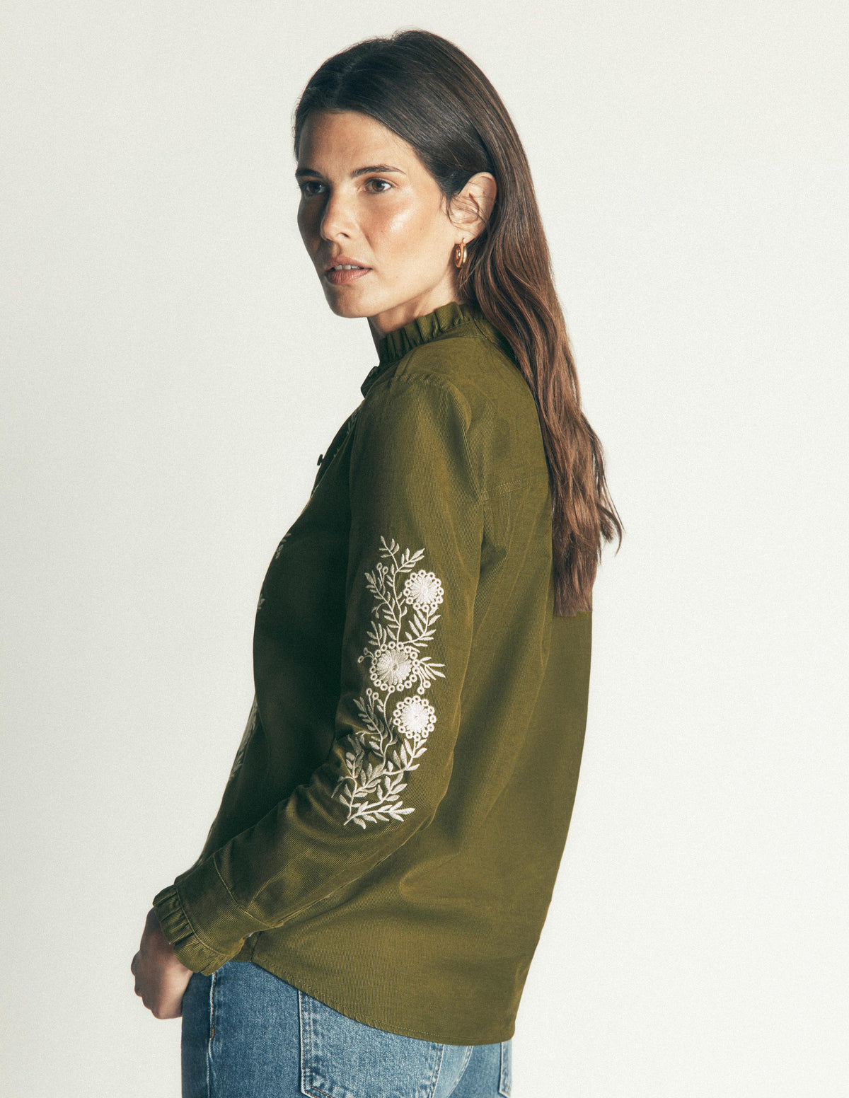 Sienna Frill Cord Shirt-Woodland Green, Embroidered-3
