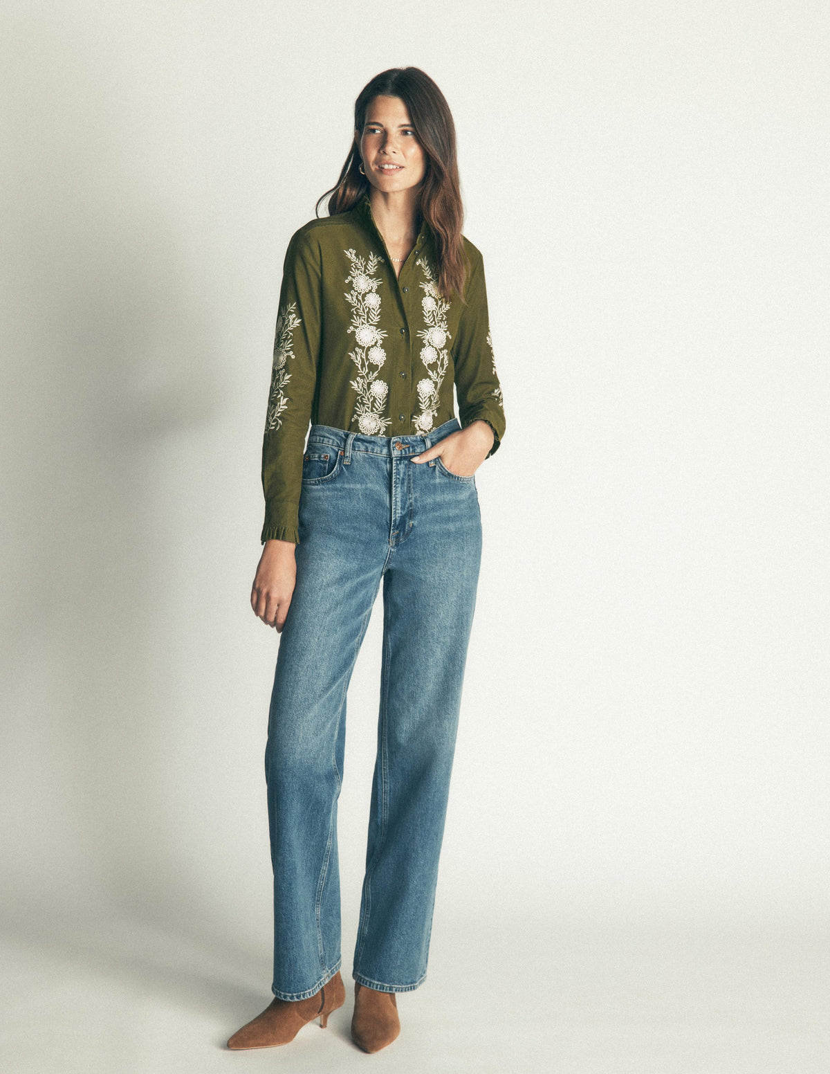 Sienna Frill Cord Shirt-Woodland Green, Embroidered - Image 4