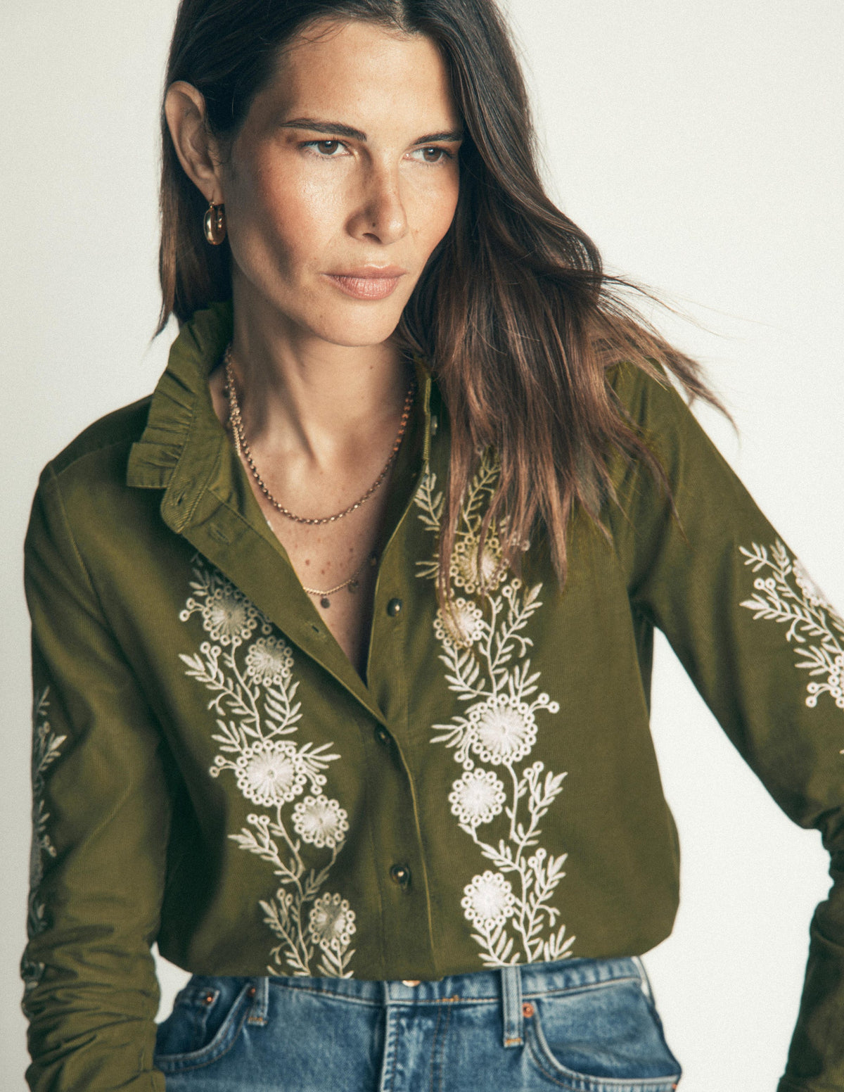Sienna Frill Cord Shirt-Woodland Green, Embroidered-5