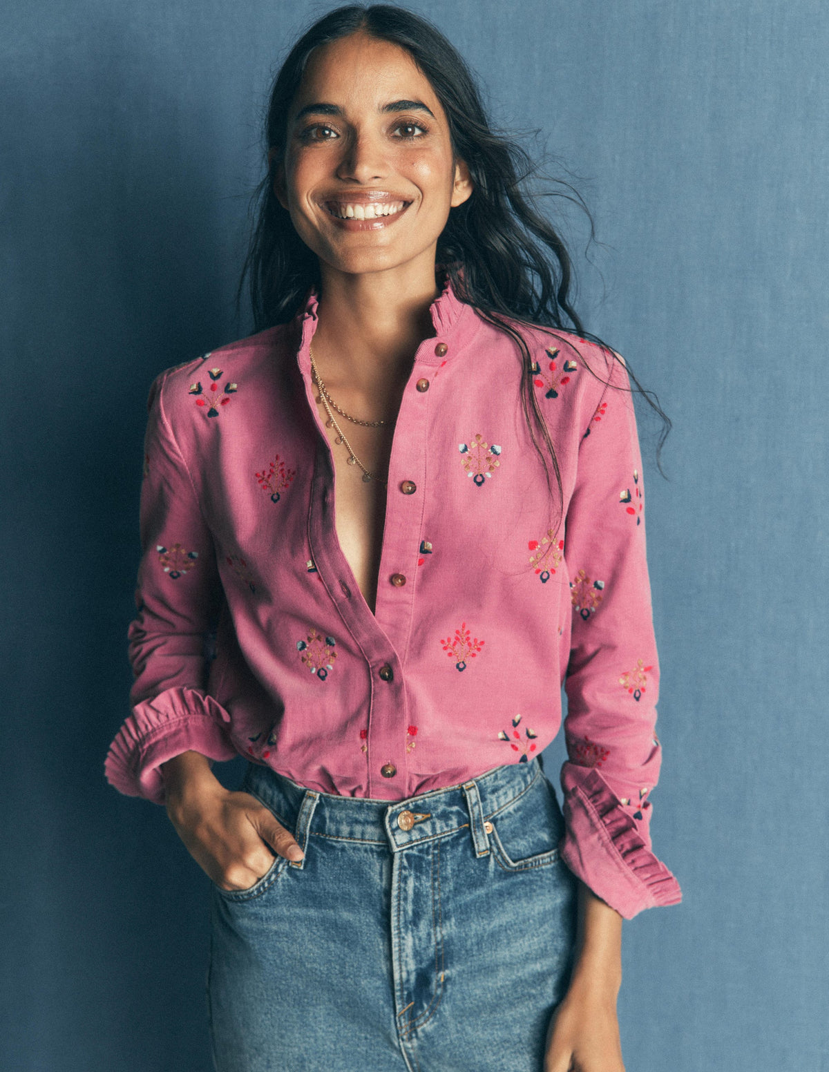 Sienna Frill Cord Shirt-Pink Heather, Embroidered - Image 1