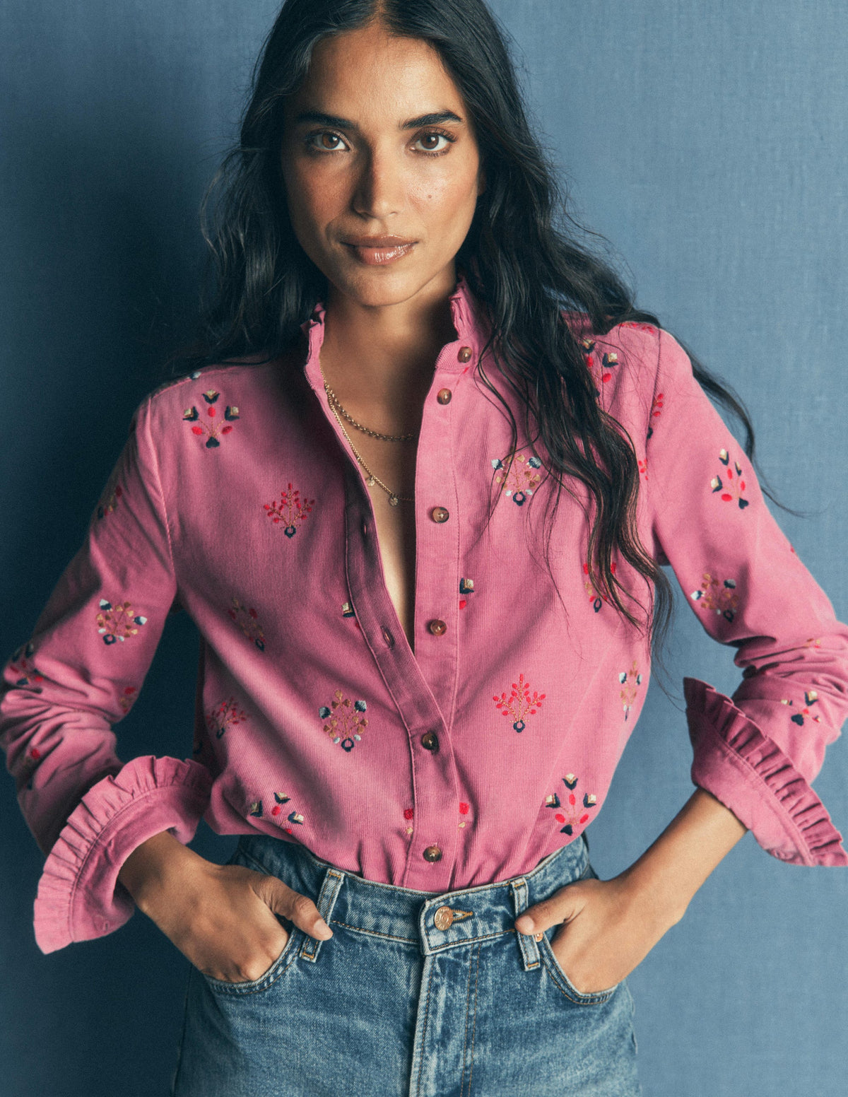 Sienna Frill Cord Shirt-Pink Heather, Embroidered-4