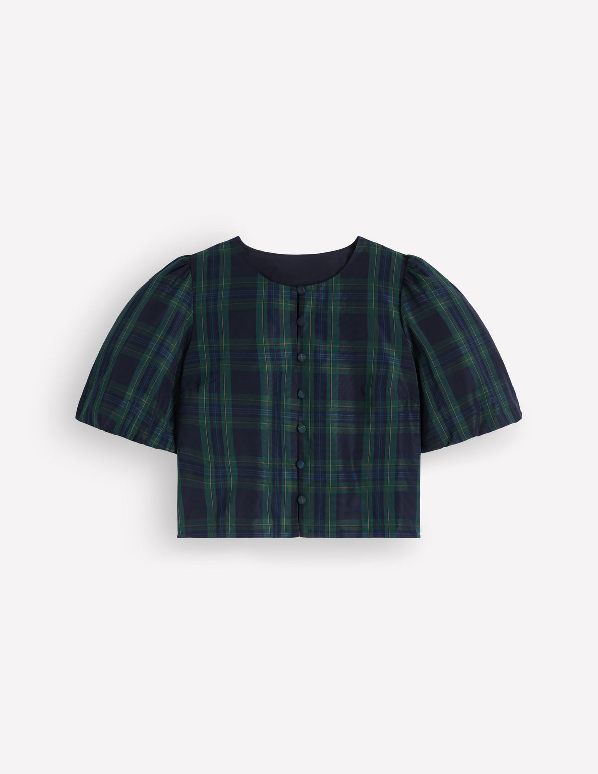 Puff Sleeve Taffeta Top-Navy, Green, Blue Tonal Check - Image 8