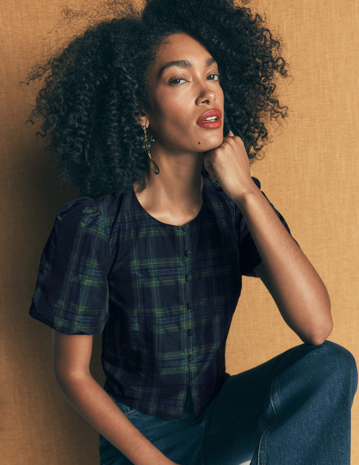 Puff Sleeve Taffeta Top-Navy, Green, Blue Tonal Check-2
