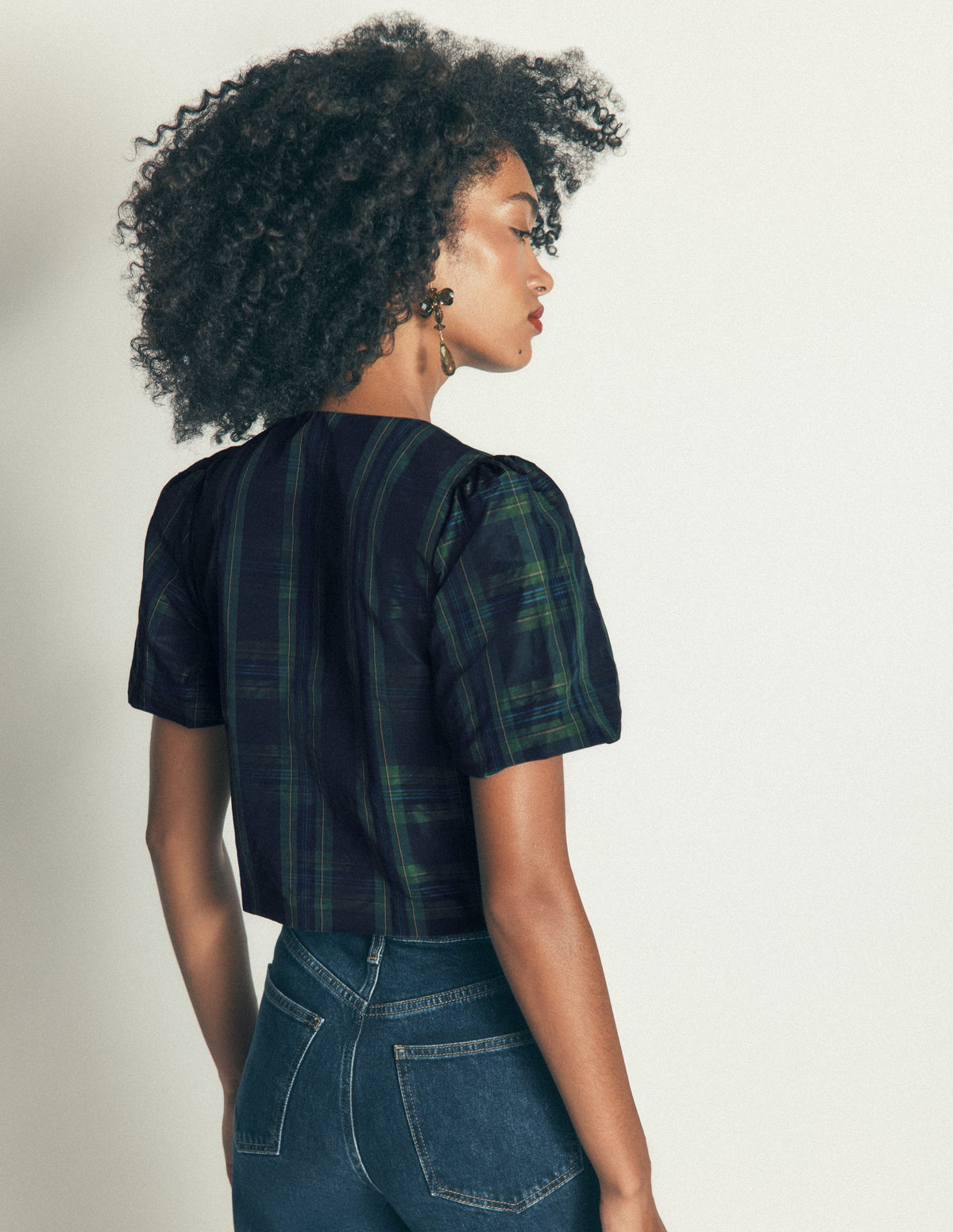 Puff Sleeve Taffeta Top-Navy, Green, Blue Tonal Check - Image 4