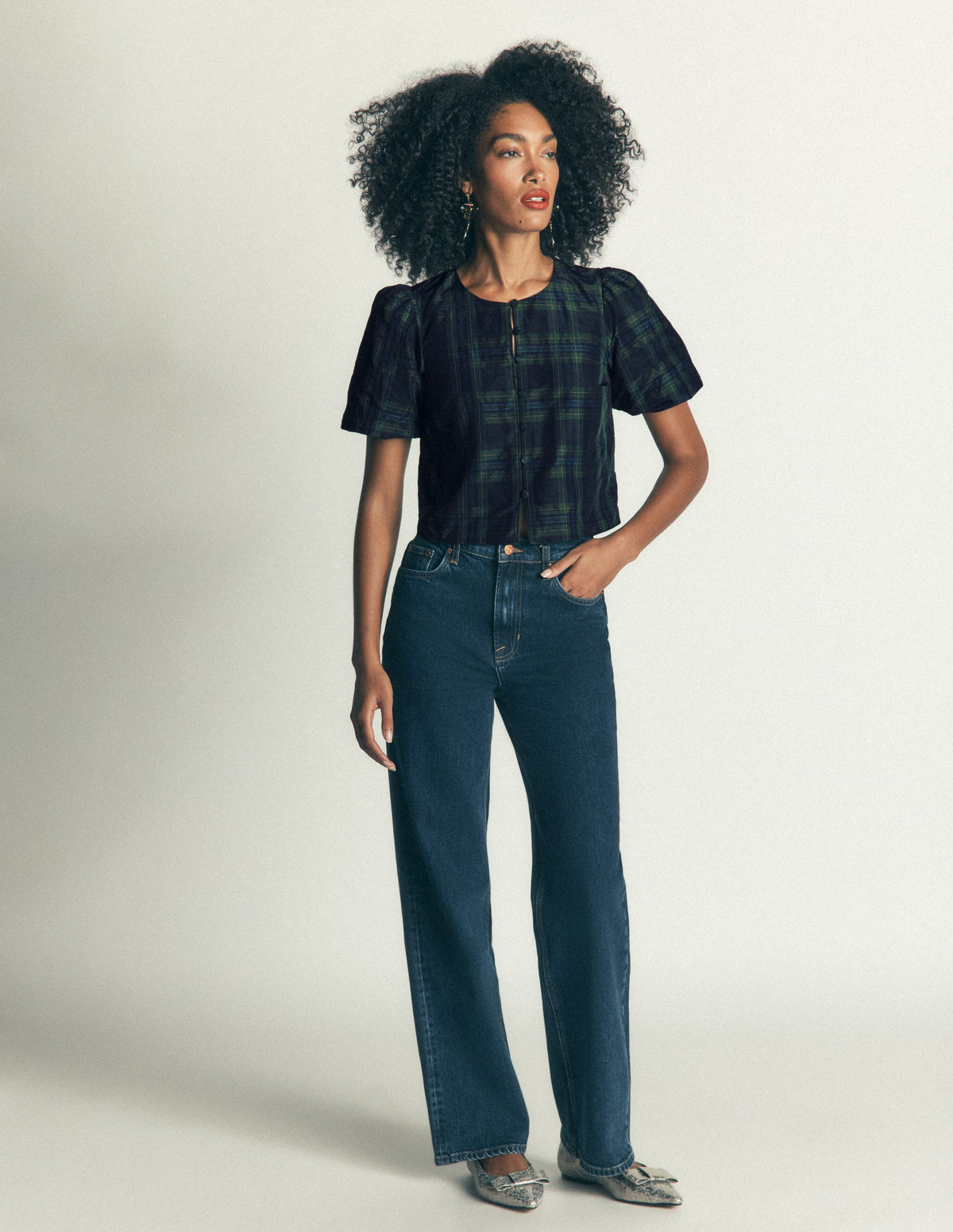 Puff Sleeve Taffeta Top-Navy, Green, Blue Tonal Check - Image 5
