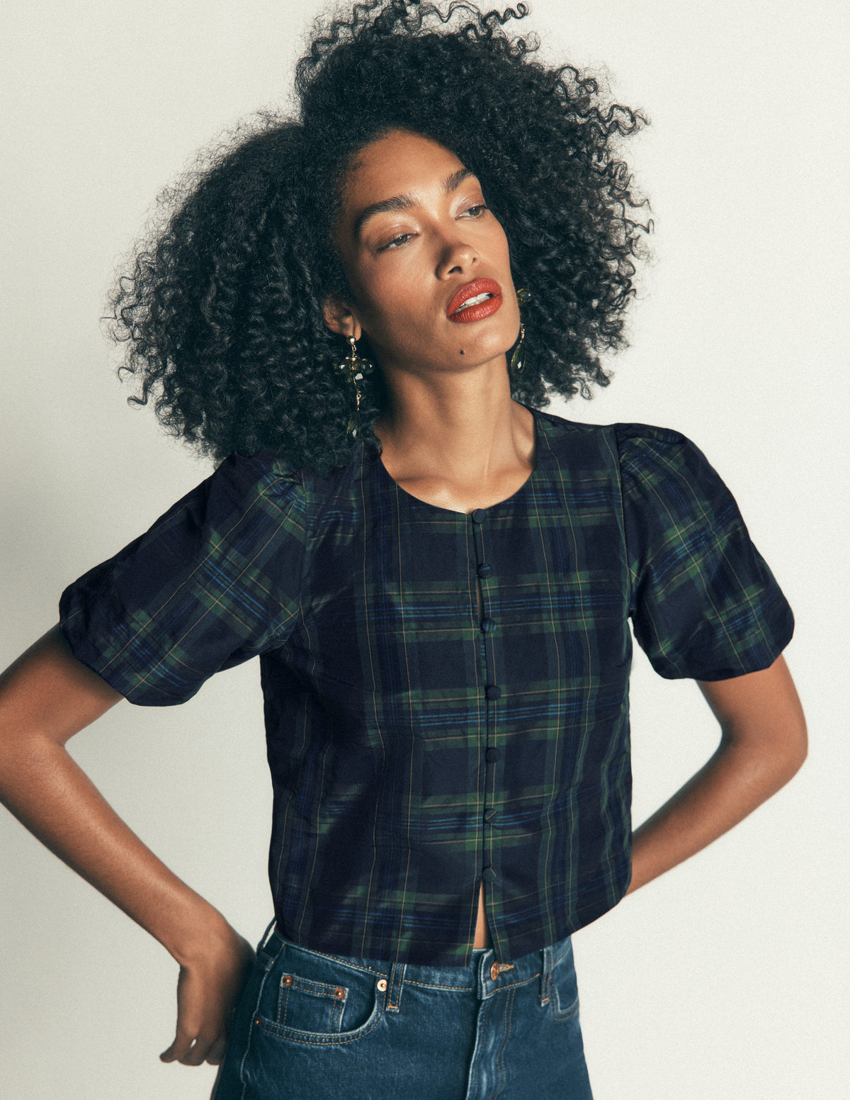 Puff Sleeve Taffeta Top-Navy, Green, Blue Tonal Check - Image 6