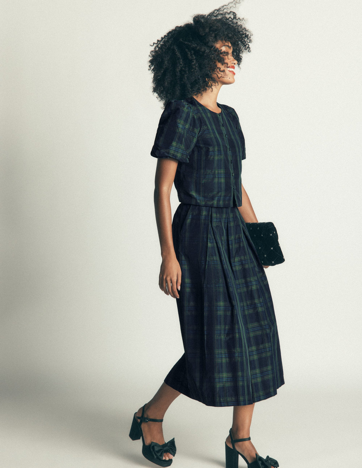 Puff Sleeve Taffeta Top-Navy, Green, Blue Tonal Check-7
