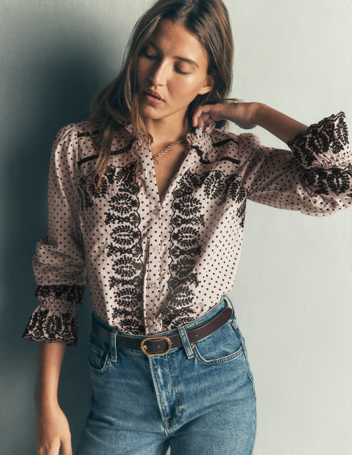 Lace Trim Beaded Cotton Top-Almond Milk, Regular Spot - Image 1