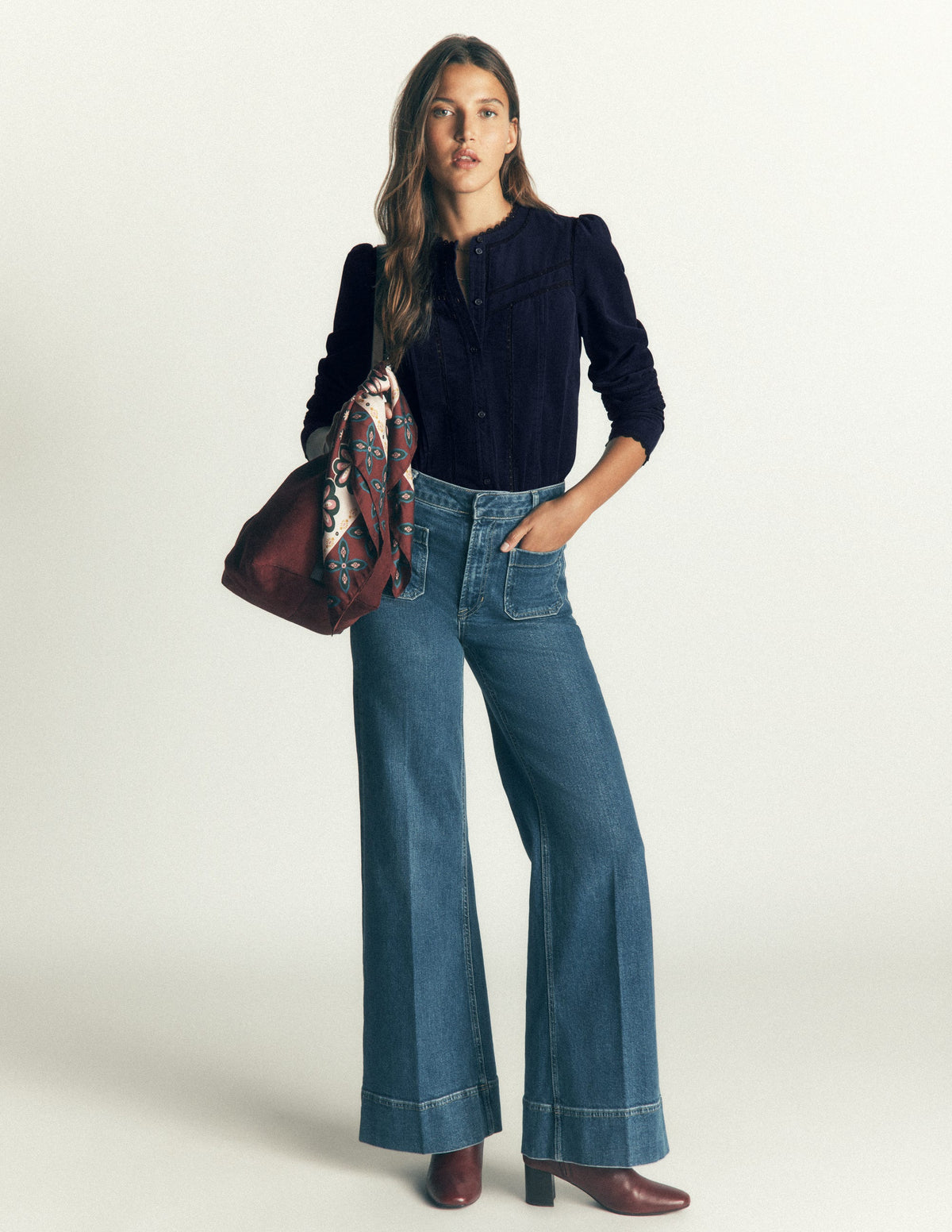 Carmen Lace Trim Cord Top-Navy-4