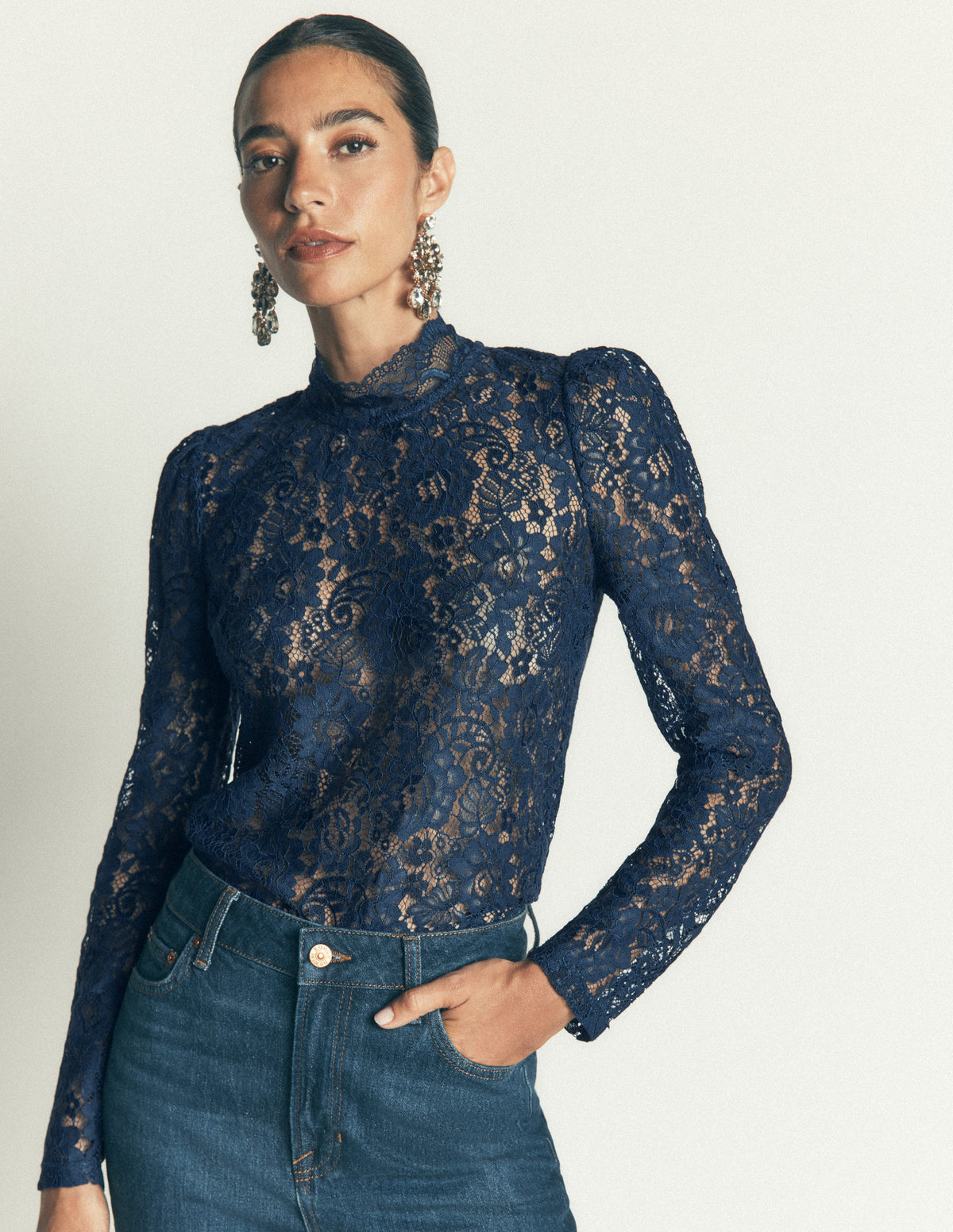 Lace Detail Top-Midnight Ocean-4