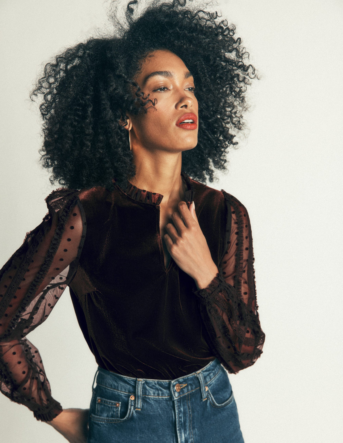 Tulle Mix Velvet Top-Dark Chocolate-1