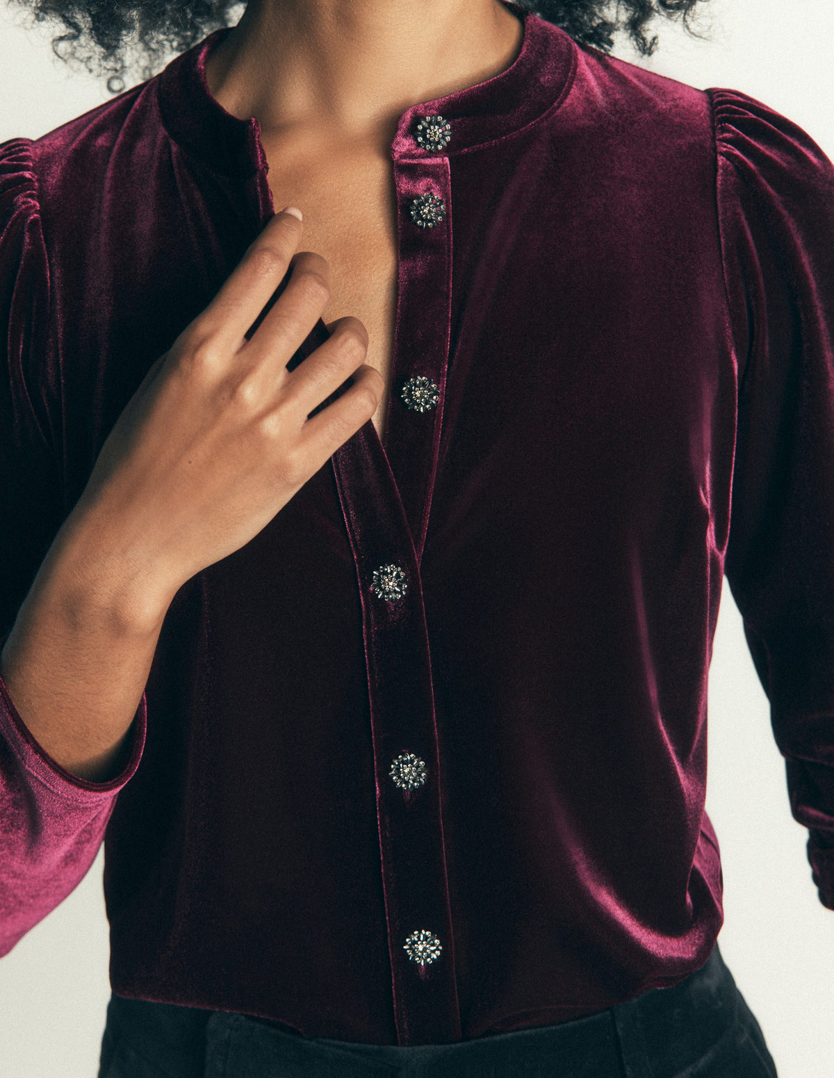 Puff Sleeve Velvet Shirt-Port Royale - Image 2