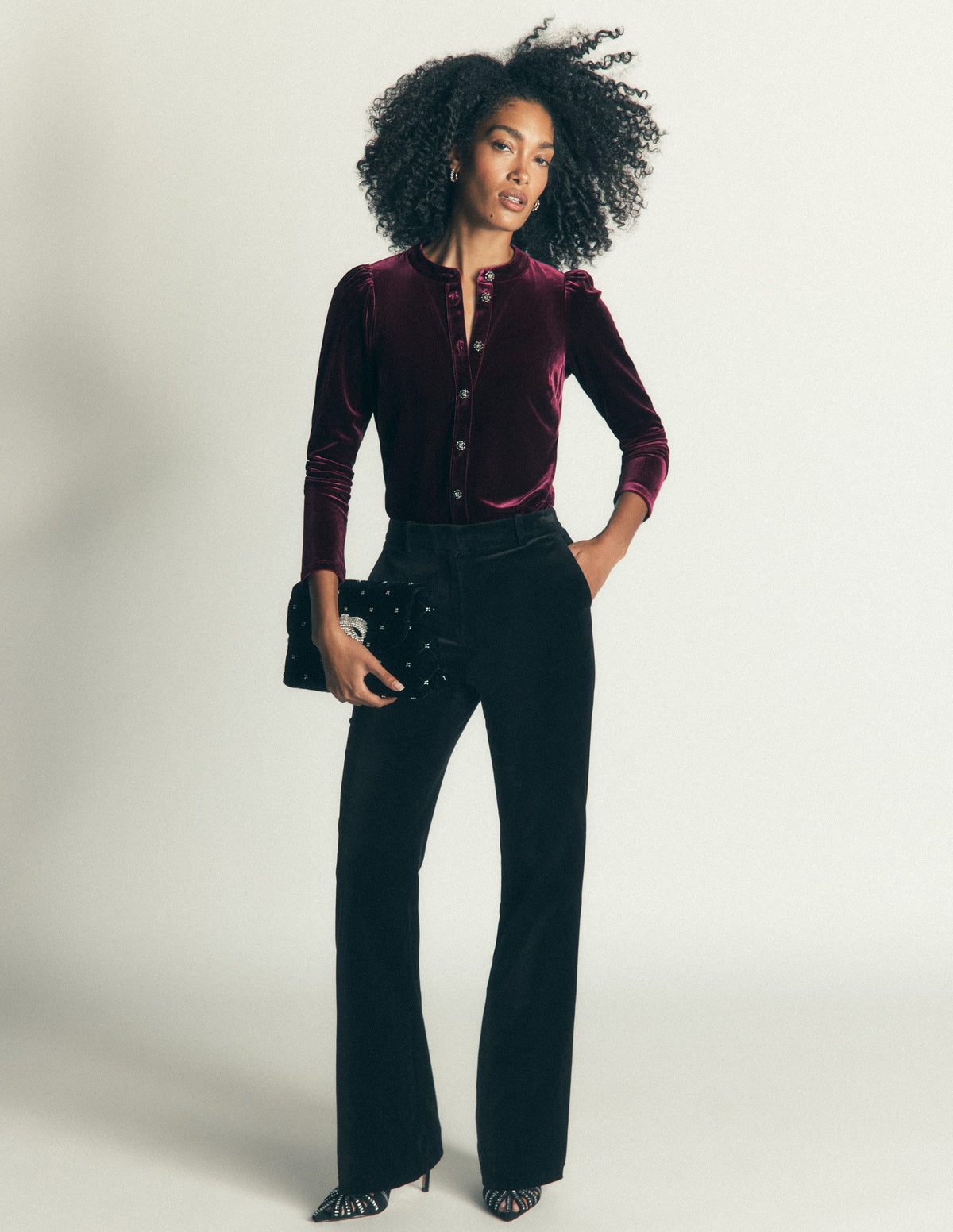 Puff Sleeve Velvet Shirt-Port Royale-4