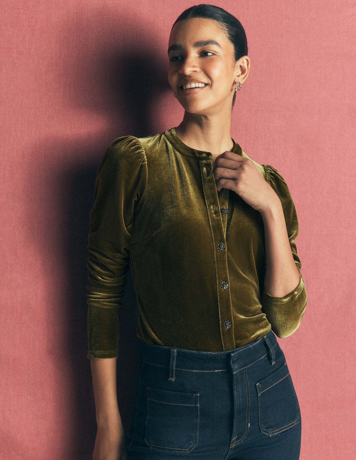 Puff Sleeve Velvet Shirt-Cardamom Seed-1