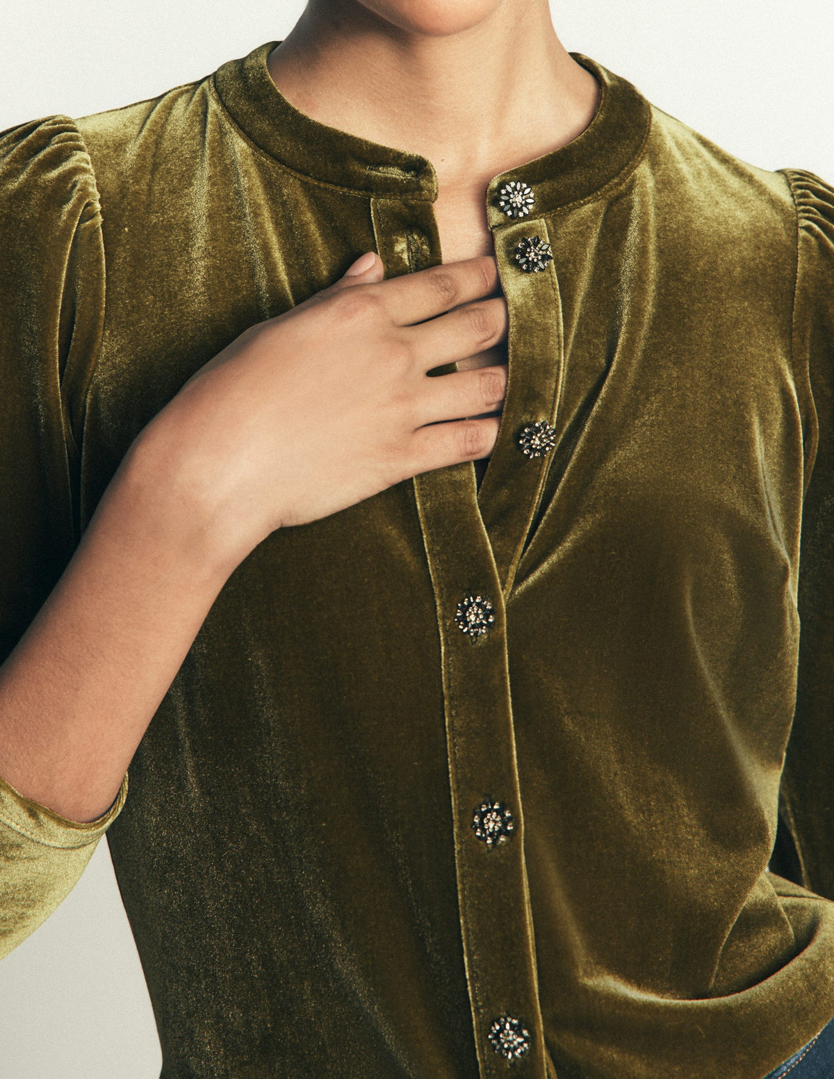 Puff Sleeve Velvet Shirt-Cardamom Seed - Image 2