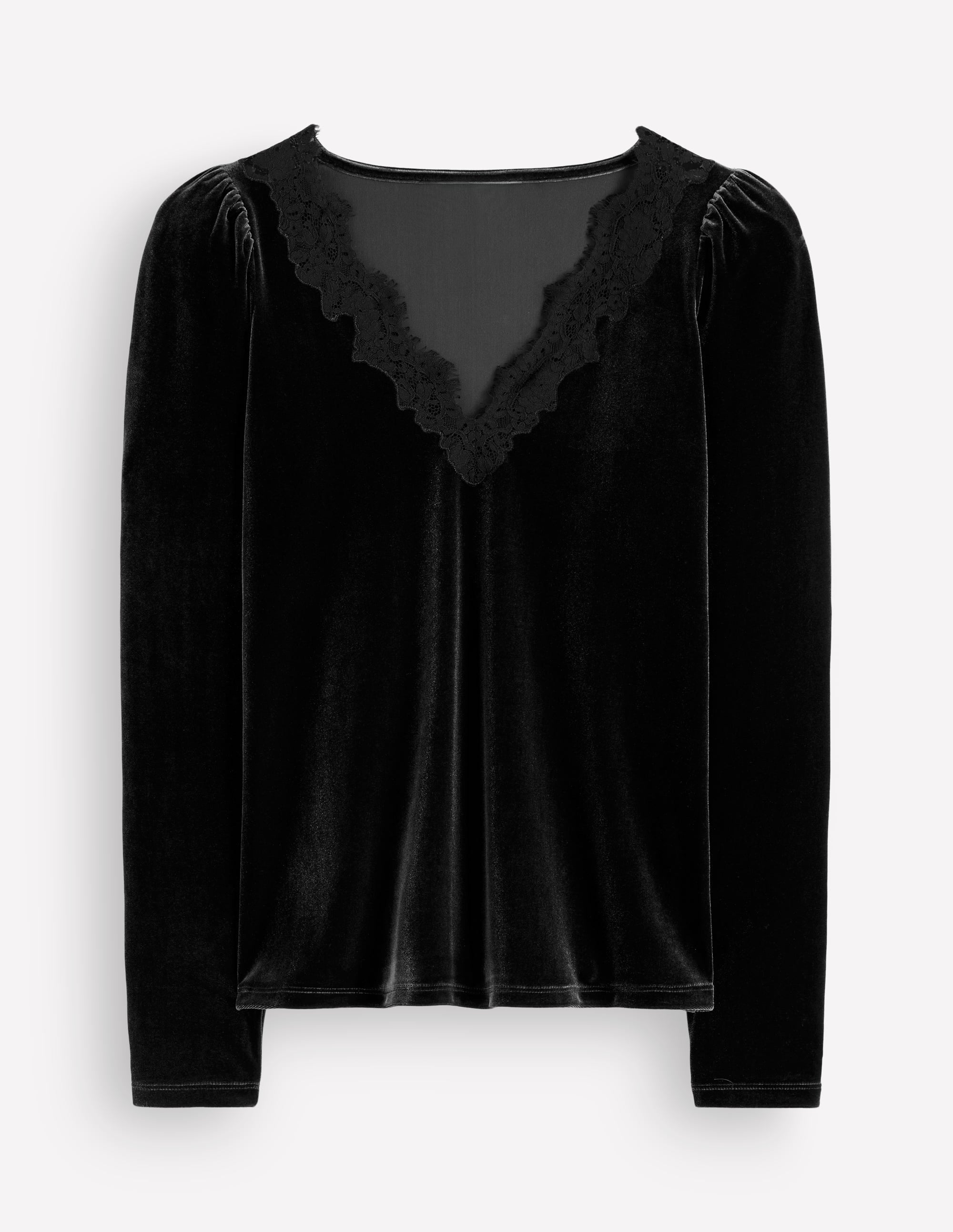 Lace Trim V-Neck Velvet Top-Black - Image 6