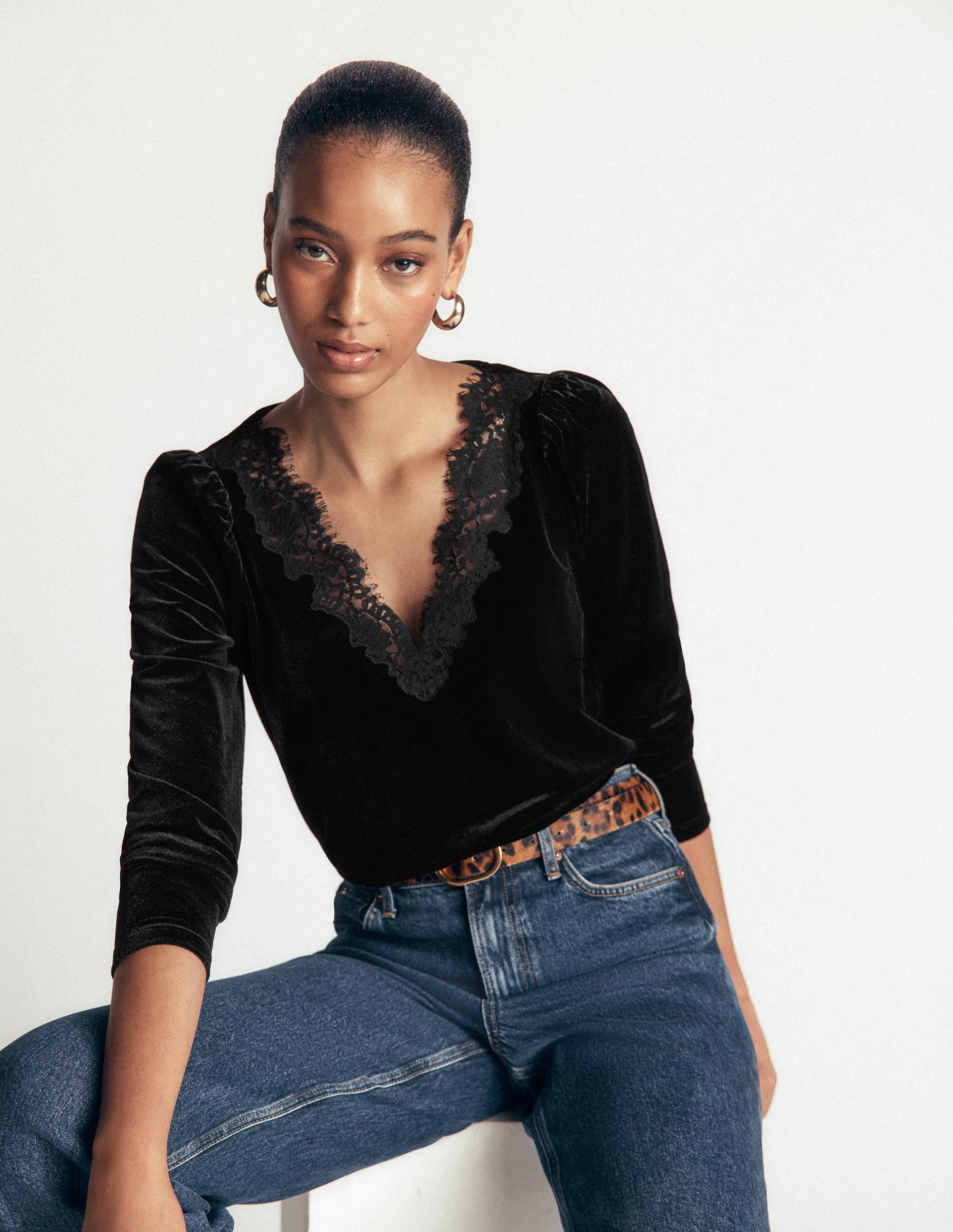 Lace Trim V-Neck Velvet Top-Black - Image 1