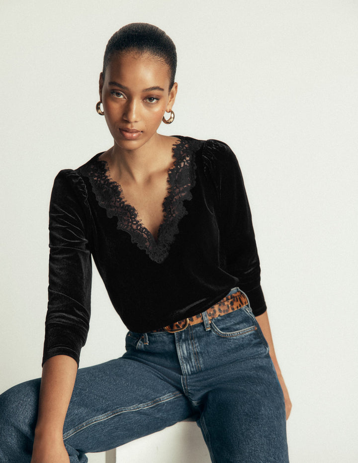 Lace Trim V-Neck Velvet Top-Black