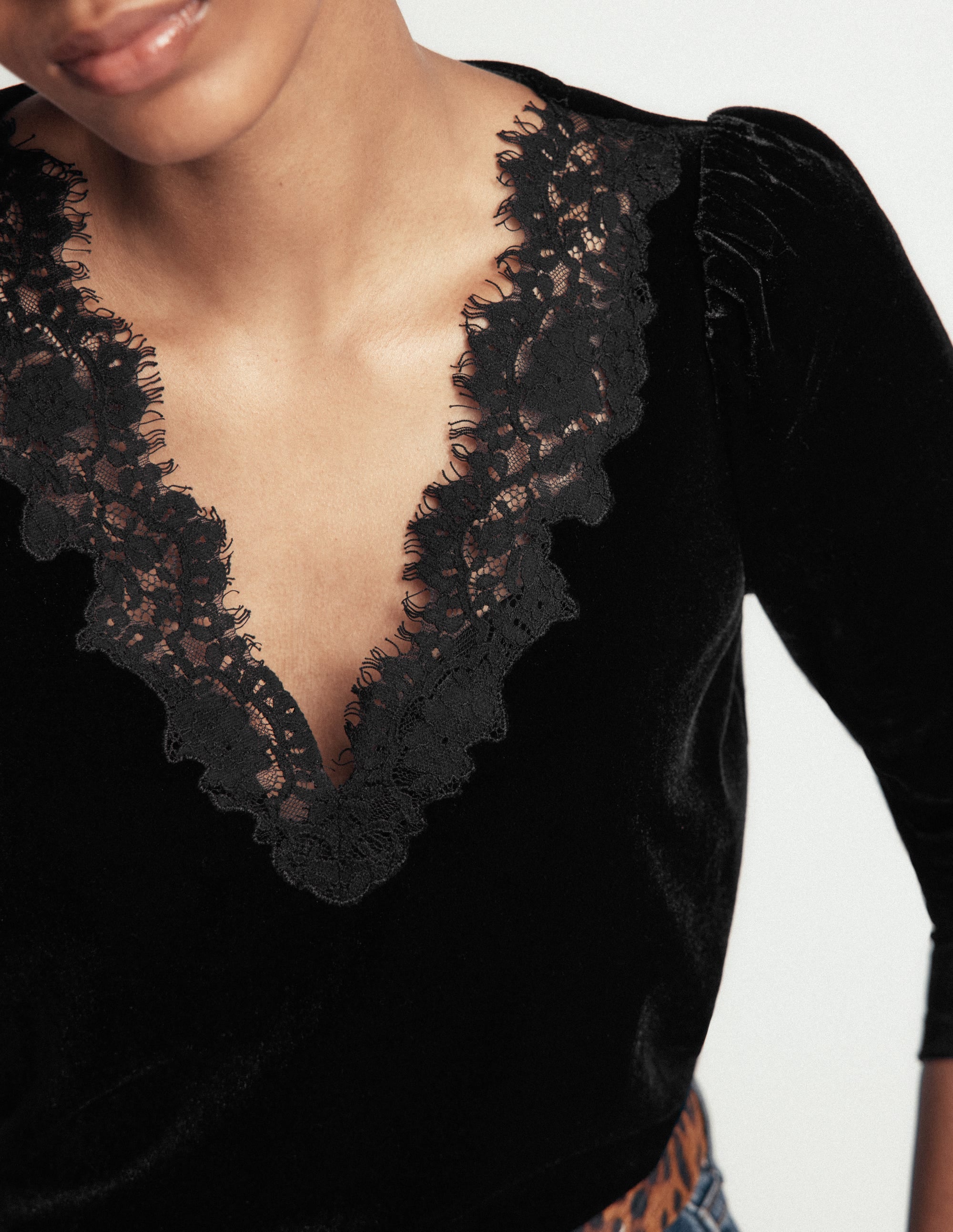 Lace Trim V-Neck Velvet Top-Black - Image 2