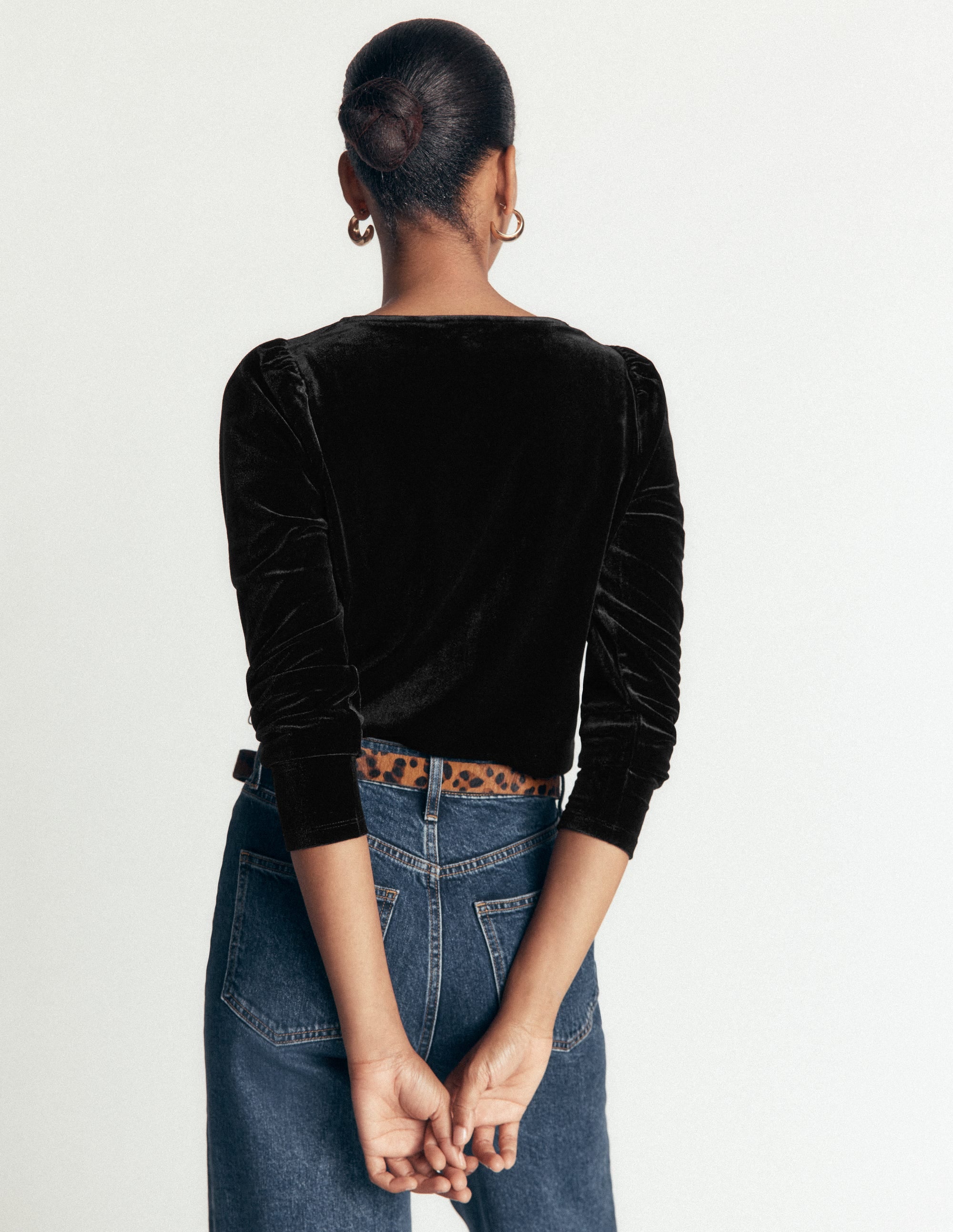 Lace Trim V-Neck Velvet Top-Black - Image 3