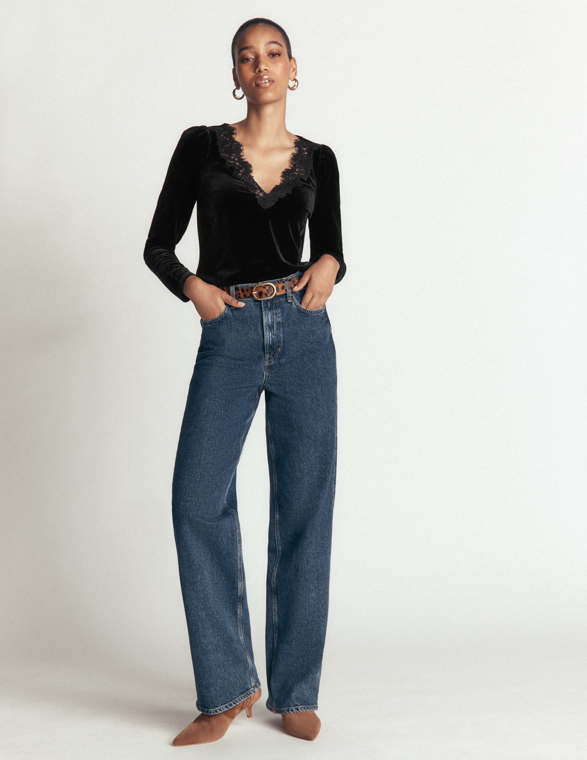 Lace Trim V-Neck Velvet Top-Black - Image 4