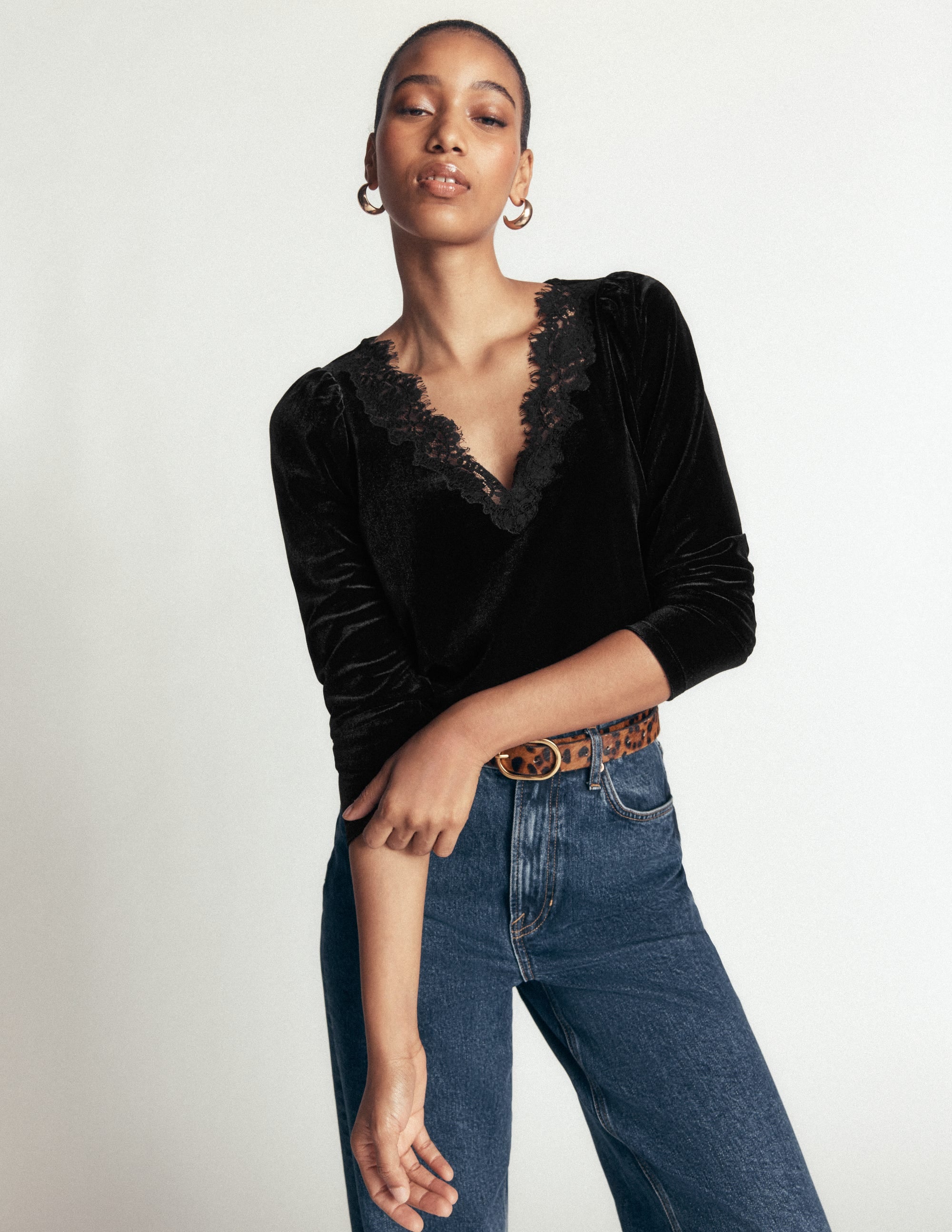 Lace Trim V-Neck Velvet Top-Black - Image 5