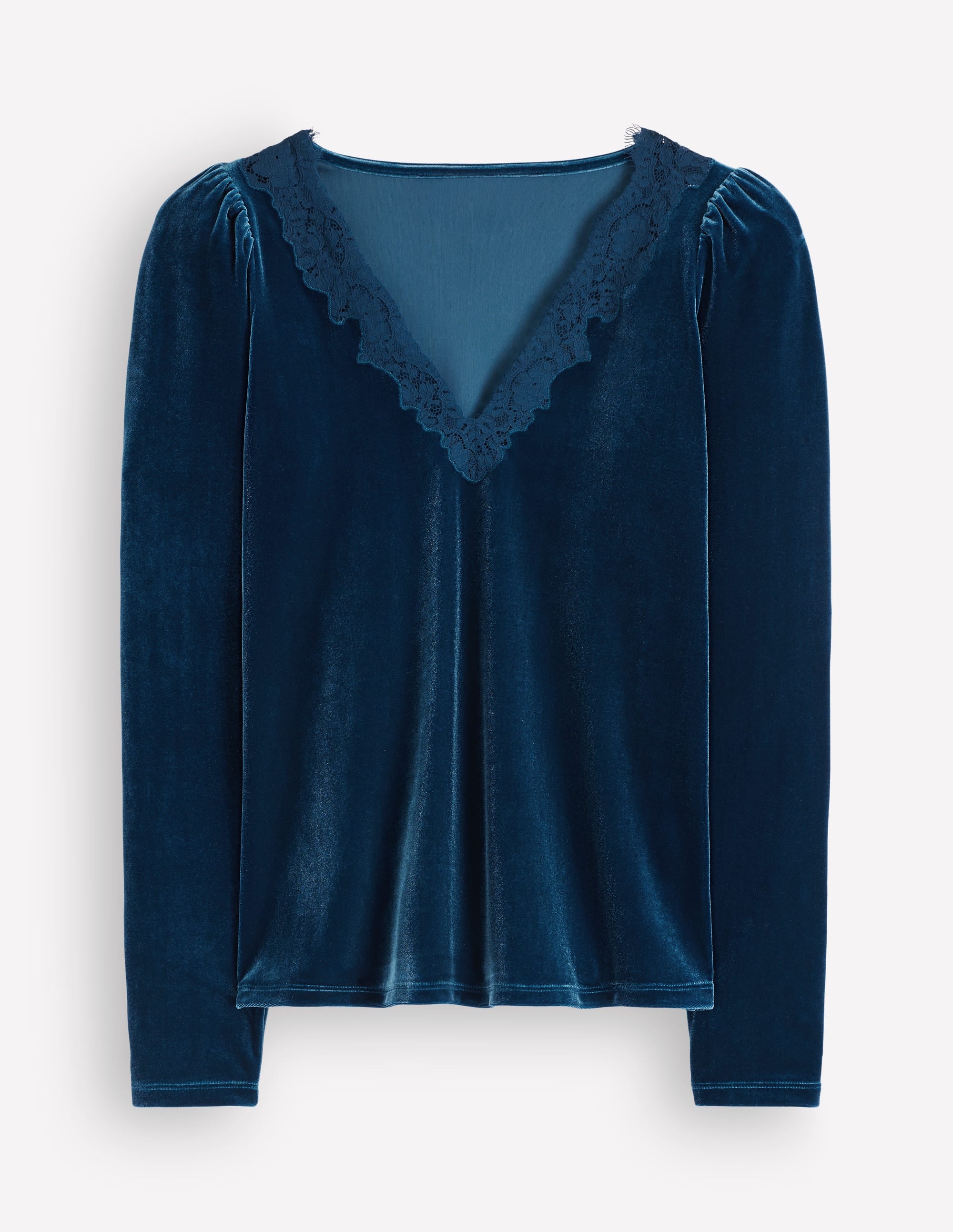 Lace Trim V-Neck Velvet Top-Harbour Blue - Image 5