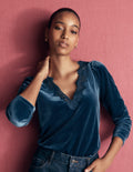 Lace Trim V-Neck Velvet Top-Harbour Blue