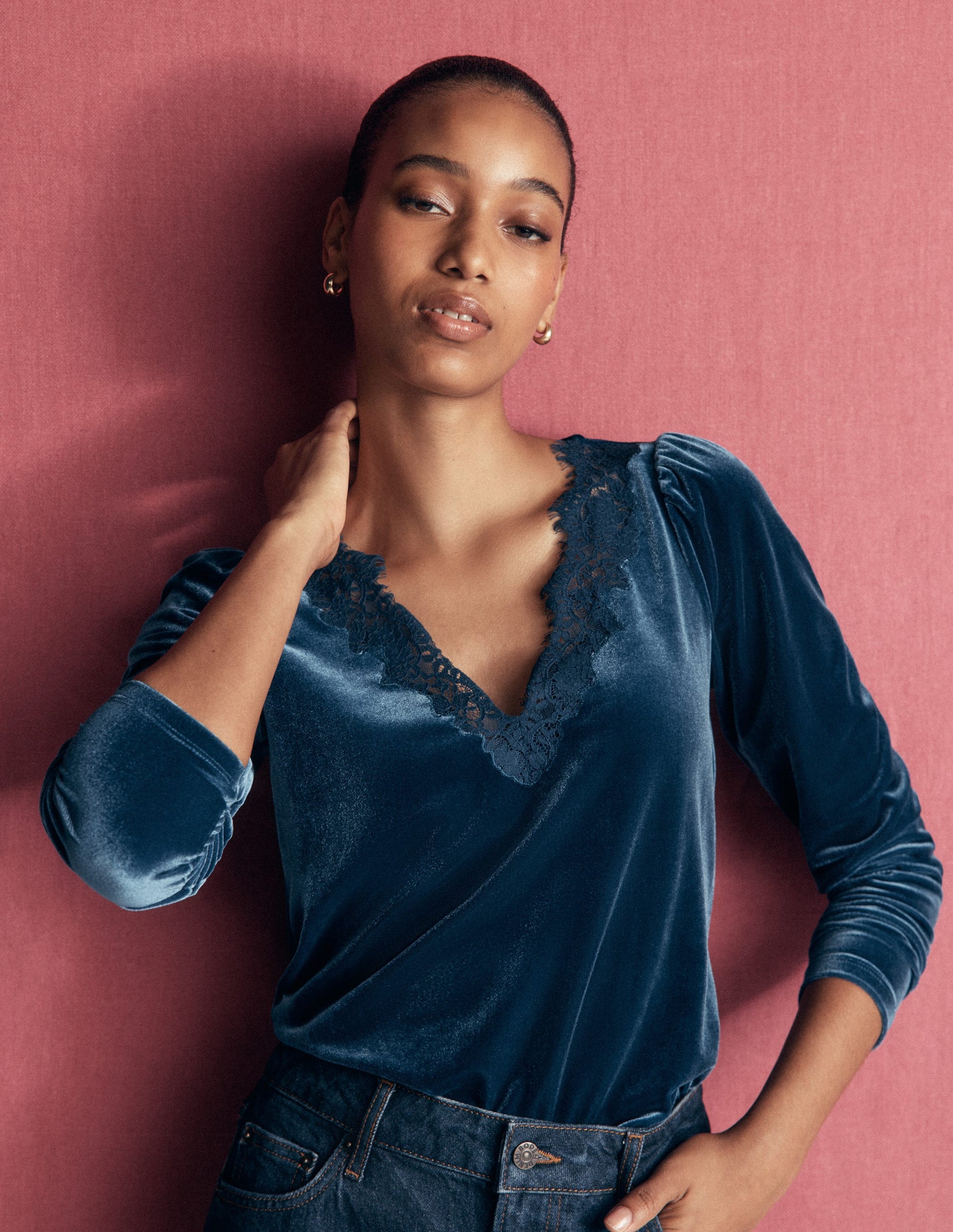 Lace Trim V-Neck Velvet Top-Harbour Blue-1