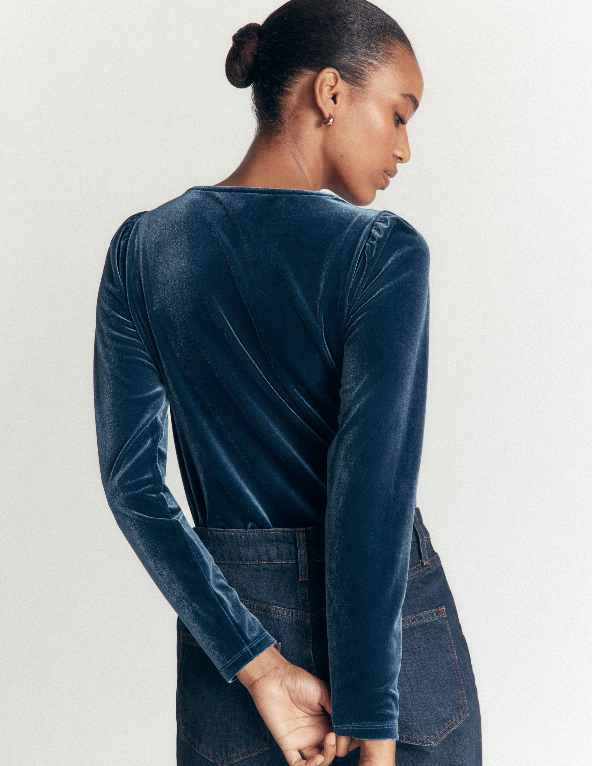 Lace Trim V-Neck Velvet Top-Harbour Blue-3
