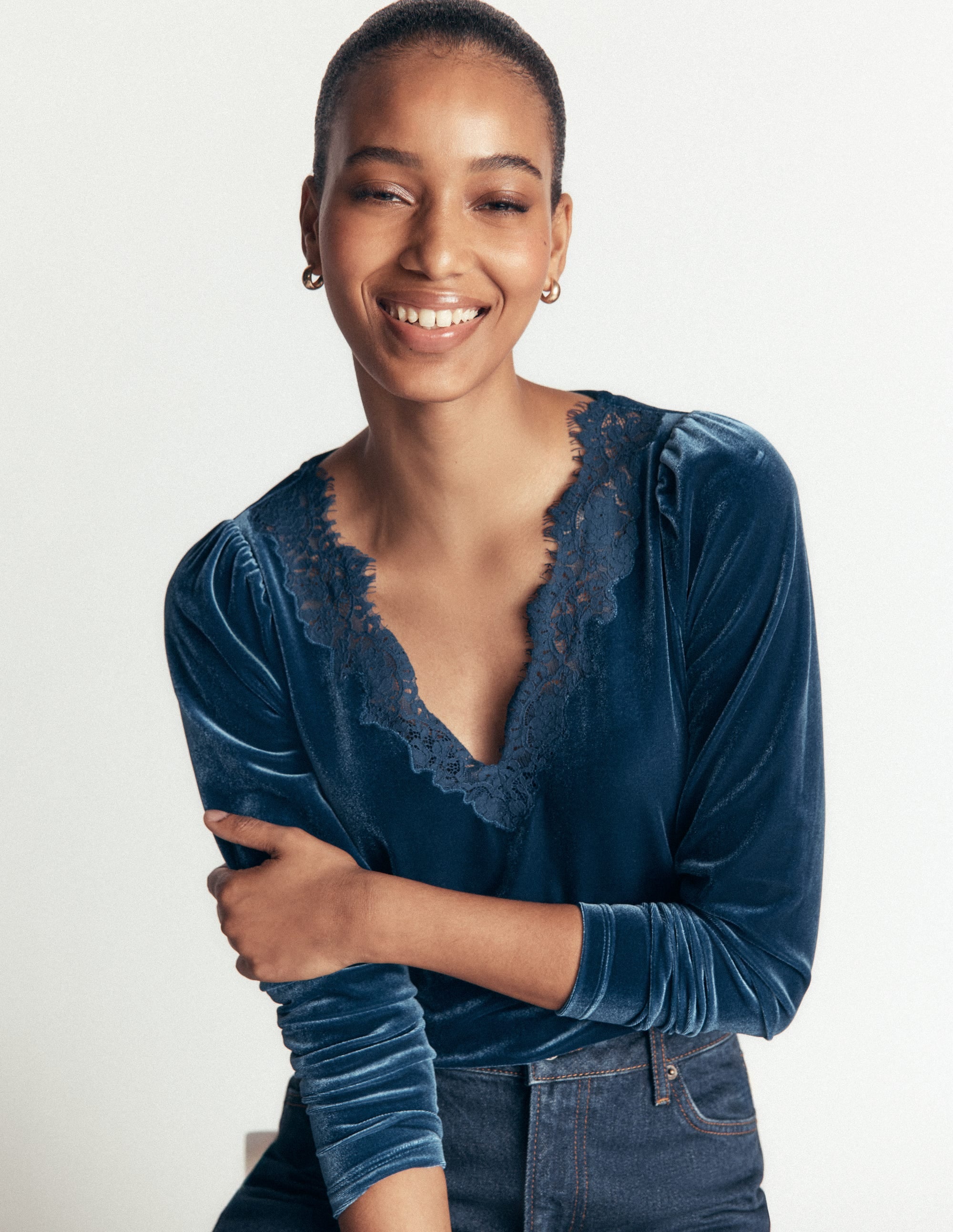 Lace Trim V-Neck Velvet Top-Harbour Blue - Image 4
