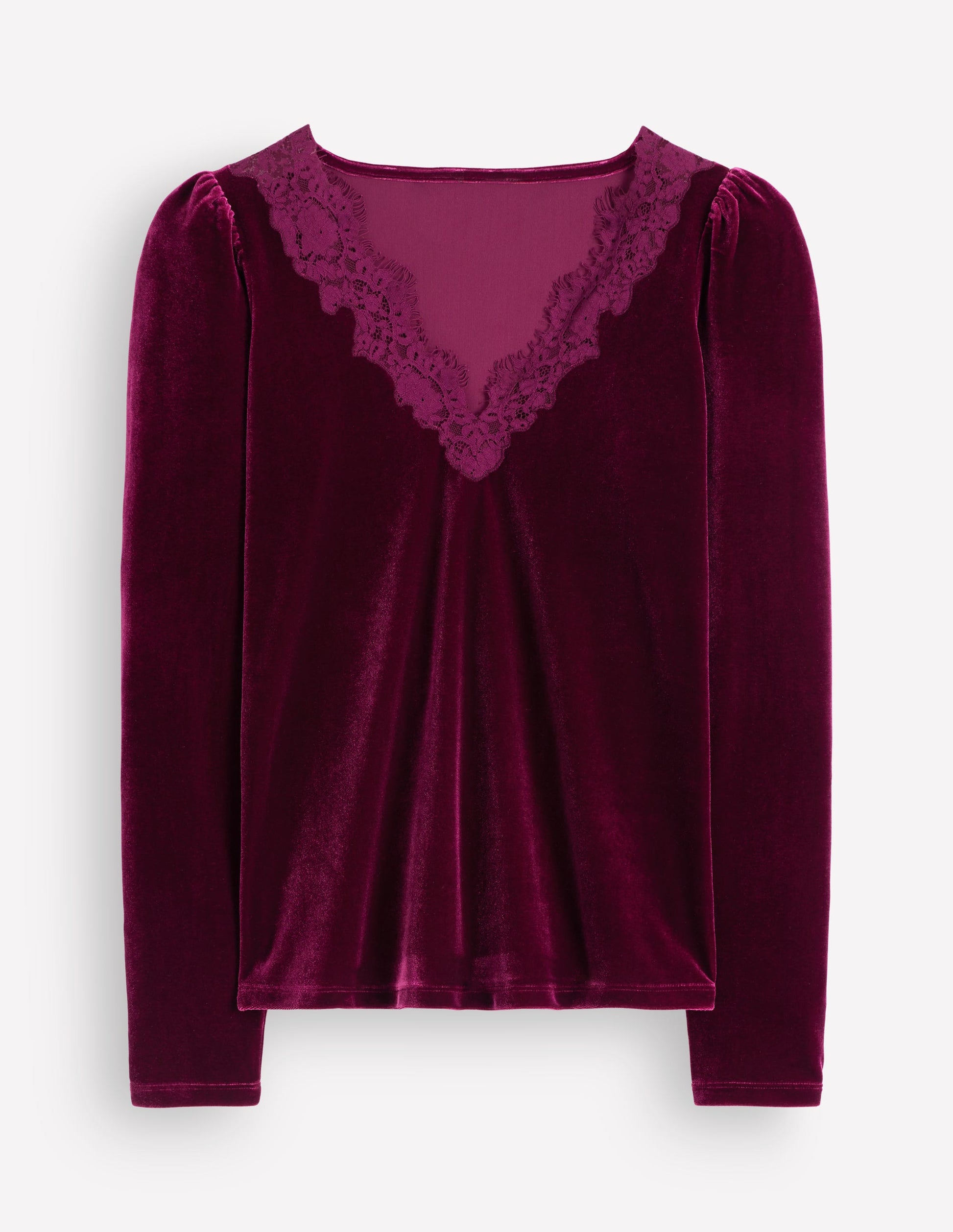 Lace Trim V-Neck Velvet Top-Beetroot Red-5