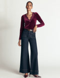 Lace Trim V-Neck Velvet Top-Beetroot Red
